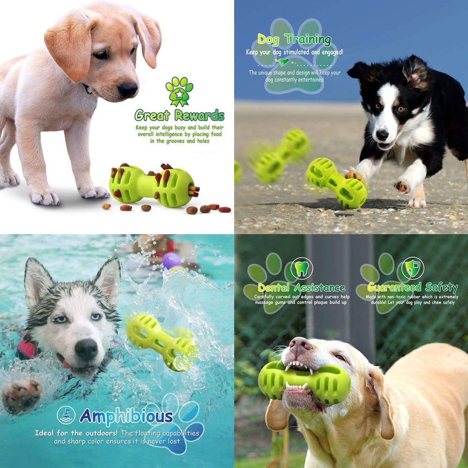 Fluffy Paws Dog Treat Ball - Bone Shaped Rubber Pet Toy Ball, Dental Treat & Bite Resistant, Durable Non-Toxic, Teething, IQ Training, Playing for Small and Medium Dog Puppy - 5", Green Treat Ball