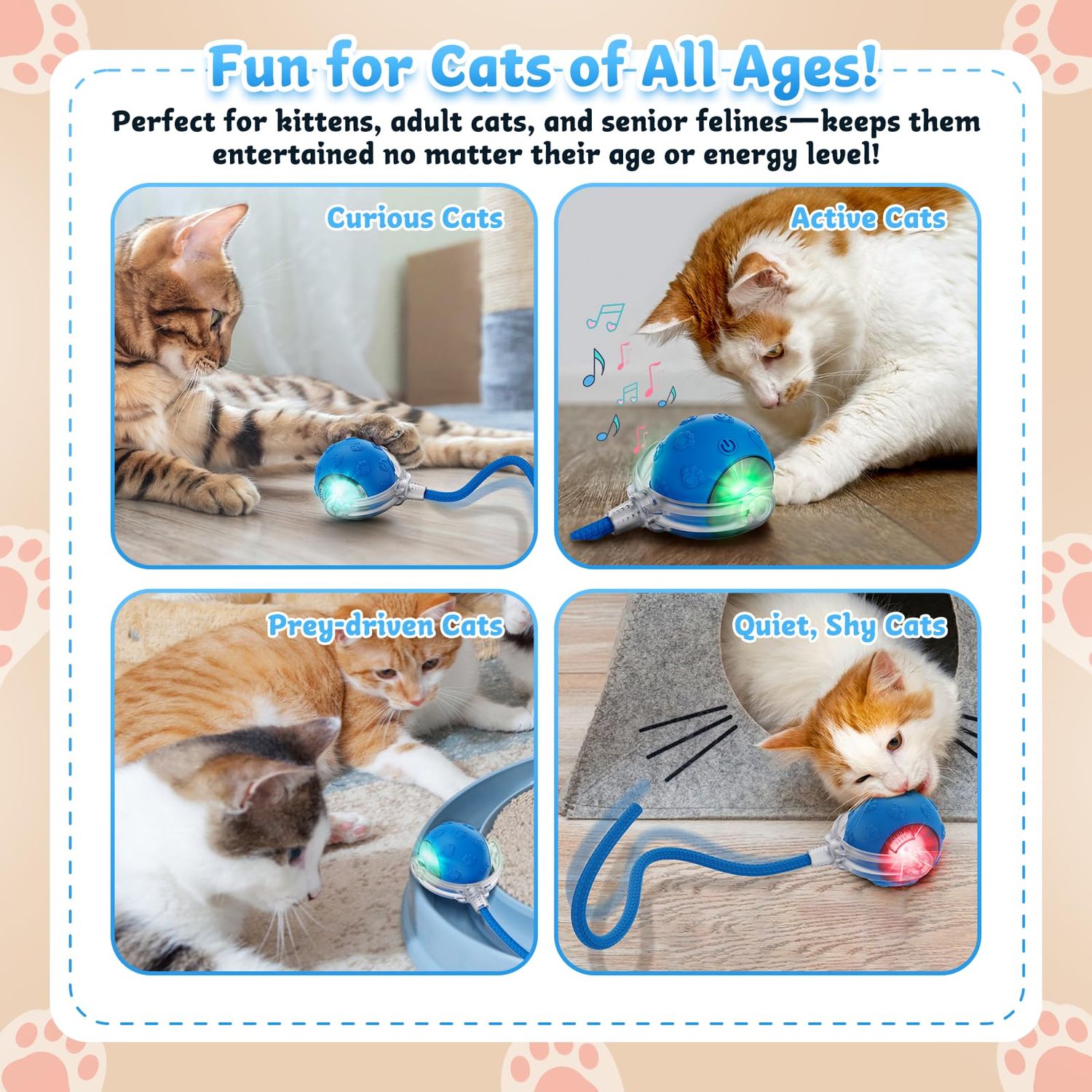 Huimpet Interactive Cat Toys for Indoor Cats, 2025 New Upgraded Moving Cat Ball with Chirping Sound, Rechargeable Fast Rolling Ball, Fun Automatic Cat Toys for Bored Adult Cats Exercise, Kitten, Blue