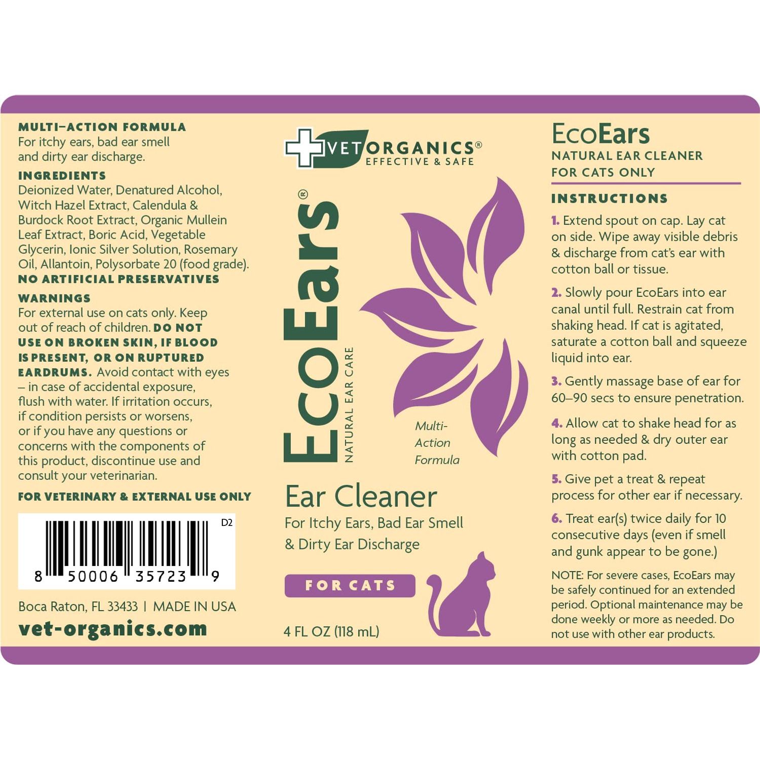 Vet Organics EcoEars Cat Ear Cleaner. Natural Multi-Action Formula. for Itch, Head Shaking, Discharge & Smell. Naturally Cleanses Away Common Problems. 100% Guaranteed (4 oz)
