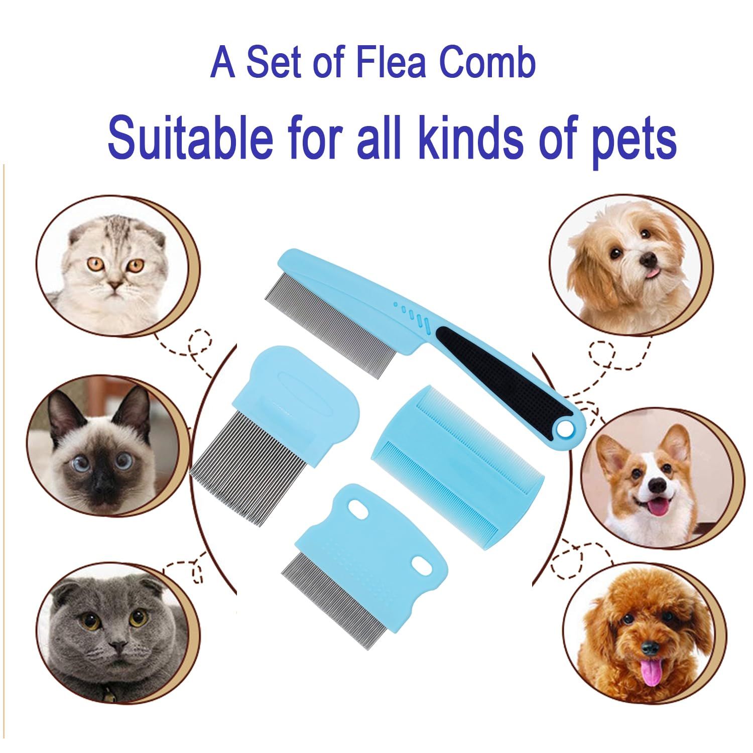 GNAWRISHING Flea Comb 4-Pieces Jade Green with High Strength Teeth Durable Pet Tear Stain Remover Combs, Dog Cat Grooming Set Effective Float Hair Remover