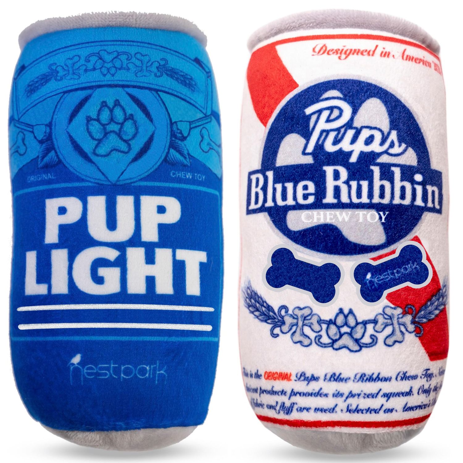 Nestpark Pup Light and Pups Blue Rubbin - Beer Dog Toys - Funny Dog Toys - Plush Squeaky Cute Dog Gifts for Dog Birthday - Cool Stuffed Parody Dog Toys (2 Pack) (Mix)