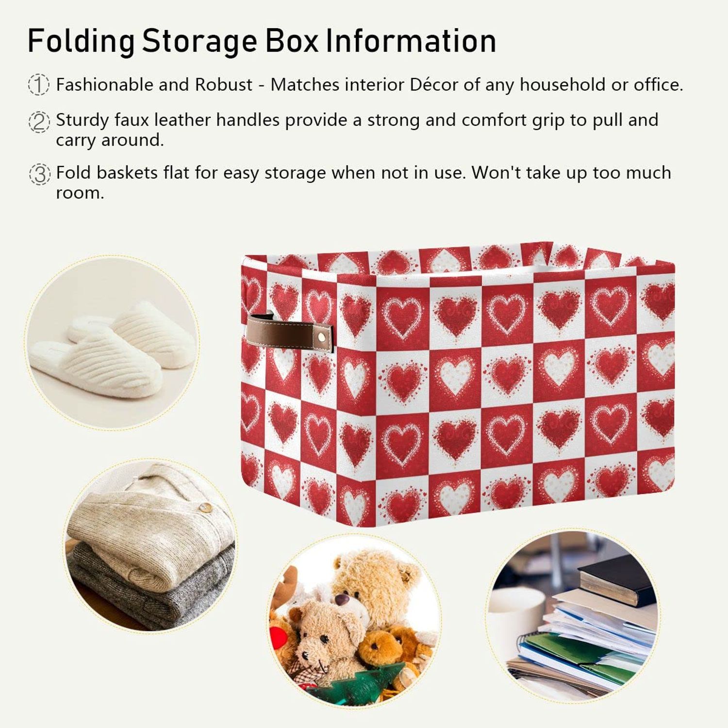 Happy Valentine's Day Love Heart Storage Basket Fabric Laundry Baskets Red White Buffalo Plaid Storage Boxes Organizer Bag for Baby Cloth Dog Toy Book Storage Cubes Shelf Closet Bins 16×12×8 Inches