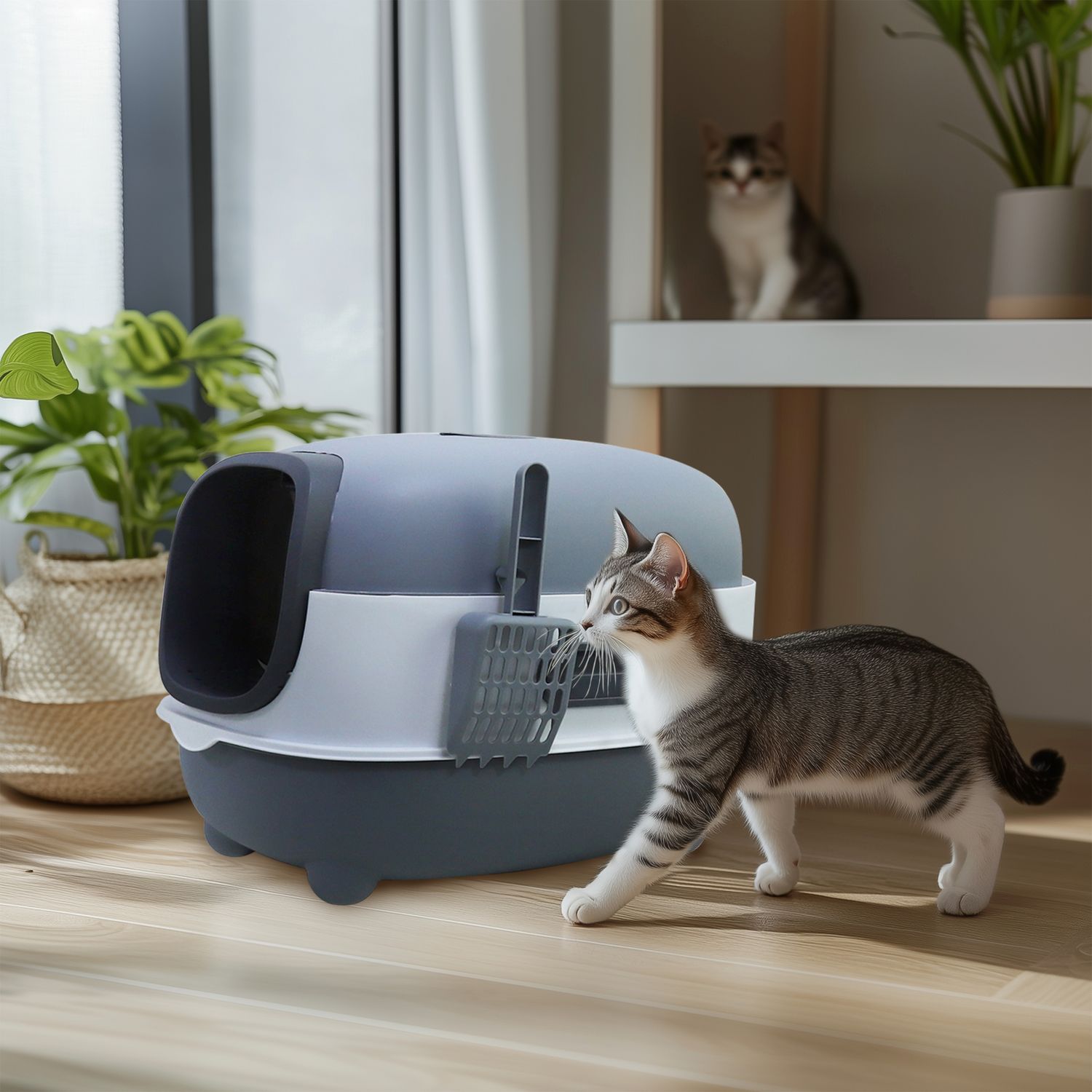 Compact Enclosed Cat Litter Box with Litter Scoop Plastic Cat Toilet Easy Clean