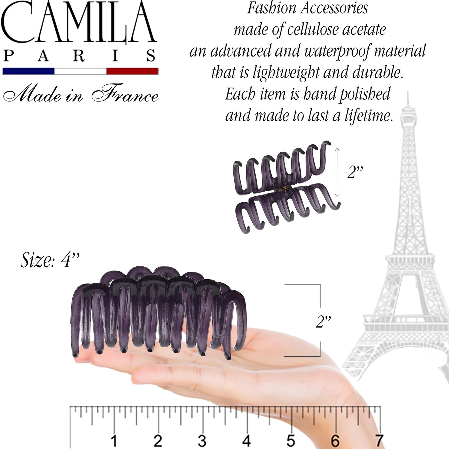 Camila Paris CP3563 French Small Hair Clips for Women Thick Hair for Long Curly Wavy Hair, Girls Hair Claw Clip, Durable Styling Big Claw Clip for Thick Hair, Strong Hold No Slip Grip, Made in France