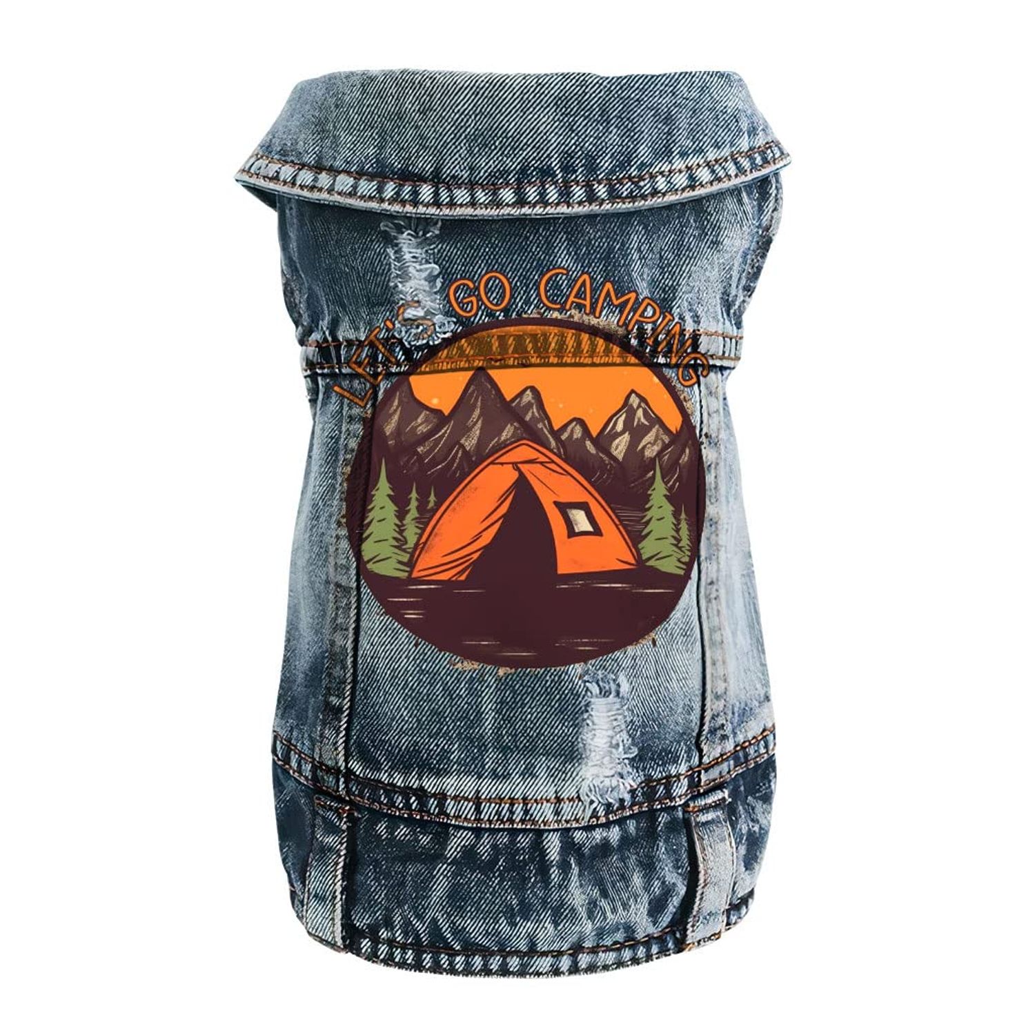 Let's Go Camping Dog Denim Vest - Tent Dog Denim Jacket - Camping Dog Clothing - L