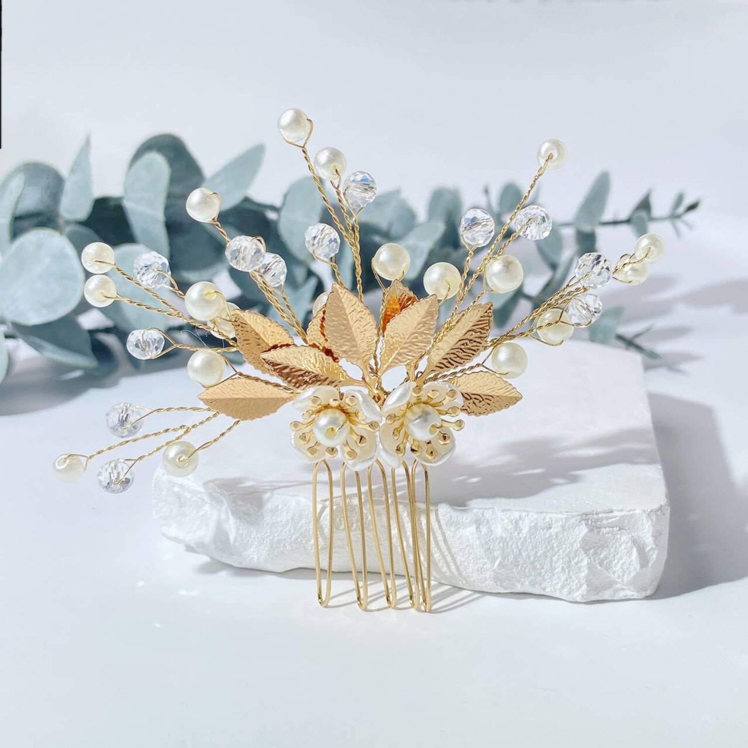 CASOLVX 5 Pieces Gold Leaf Hair Pins Bride Hair Clips Headpiece Flower Pearl Hair Forks Classic Wedding Hair Accessories for Women, Brides and Bridesmaids