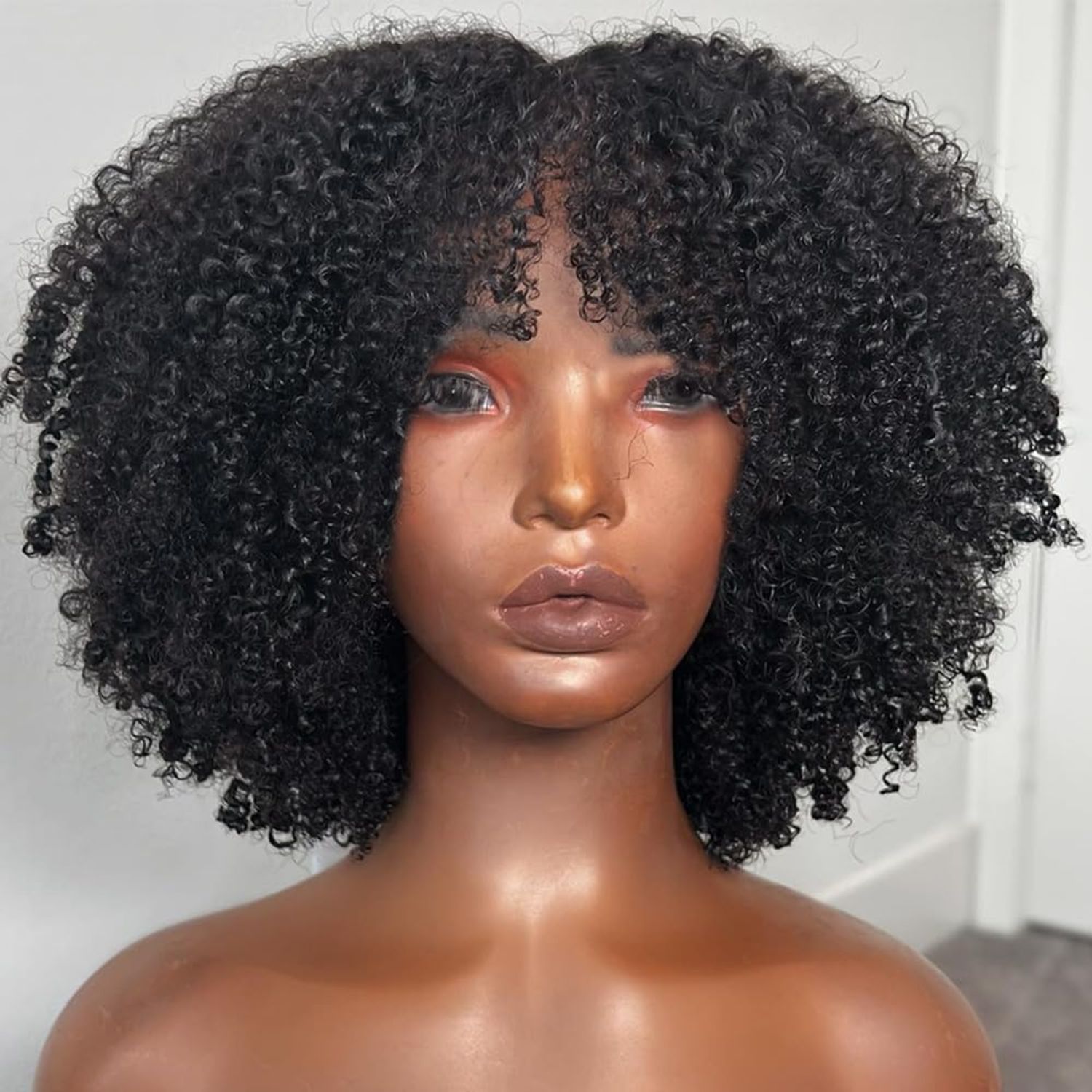 Young beauty Afro Kinky Curly Wig with bangs Glueless Scalp Top Full Machine Made Human Hair Wigs for Black Women 200Density Kinky Curly Brazilian Human Hair Wig 16inch Natural Color