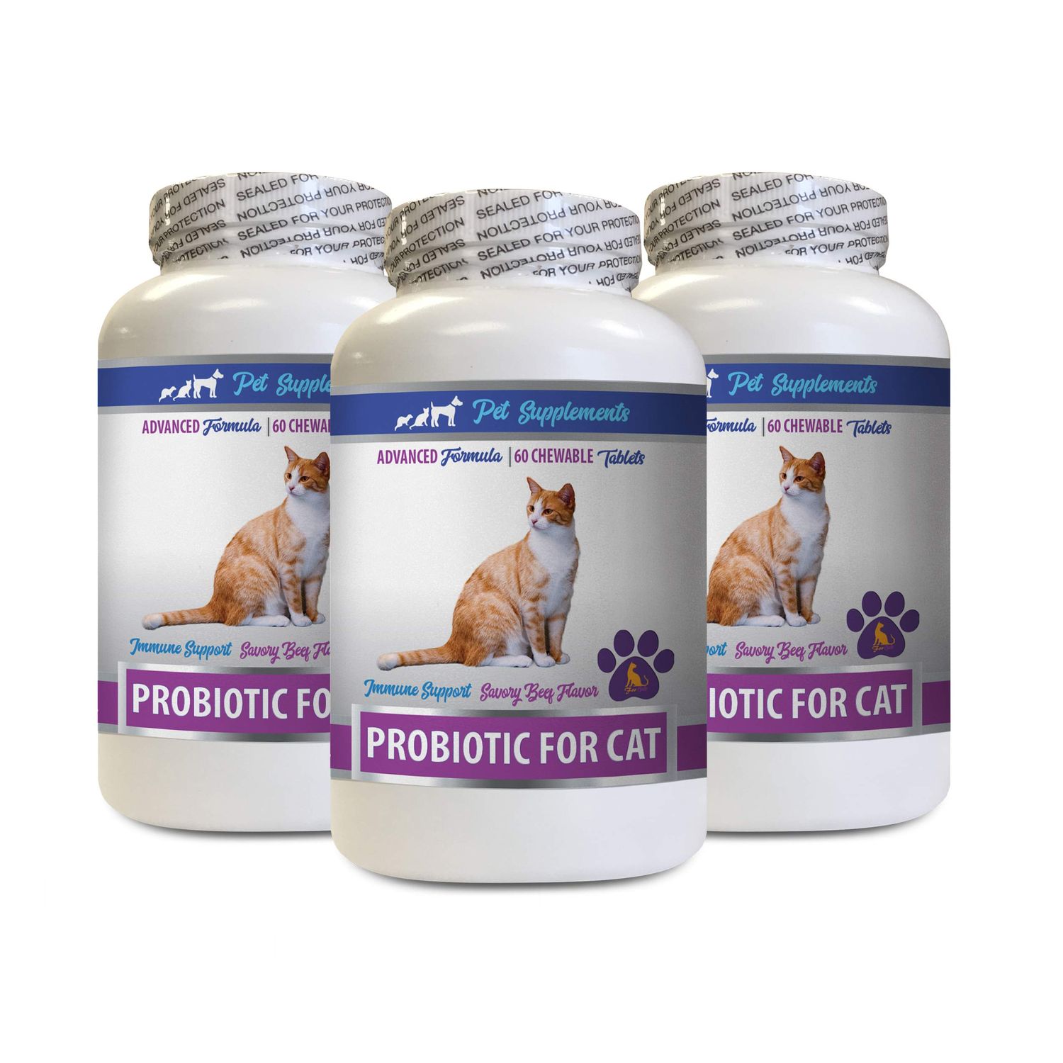 PET SUPPLEMENTS cat Digestive Support Treats - CAT PROBIOTICS - Immune Support - Savory Beef Flavor - Natural Formula - cat probiotics enzymes - 3 Bottles (180 Treats)