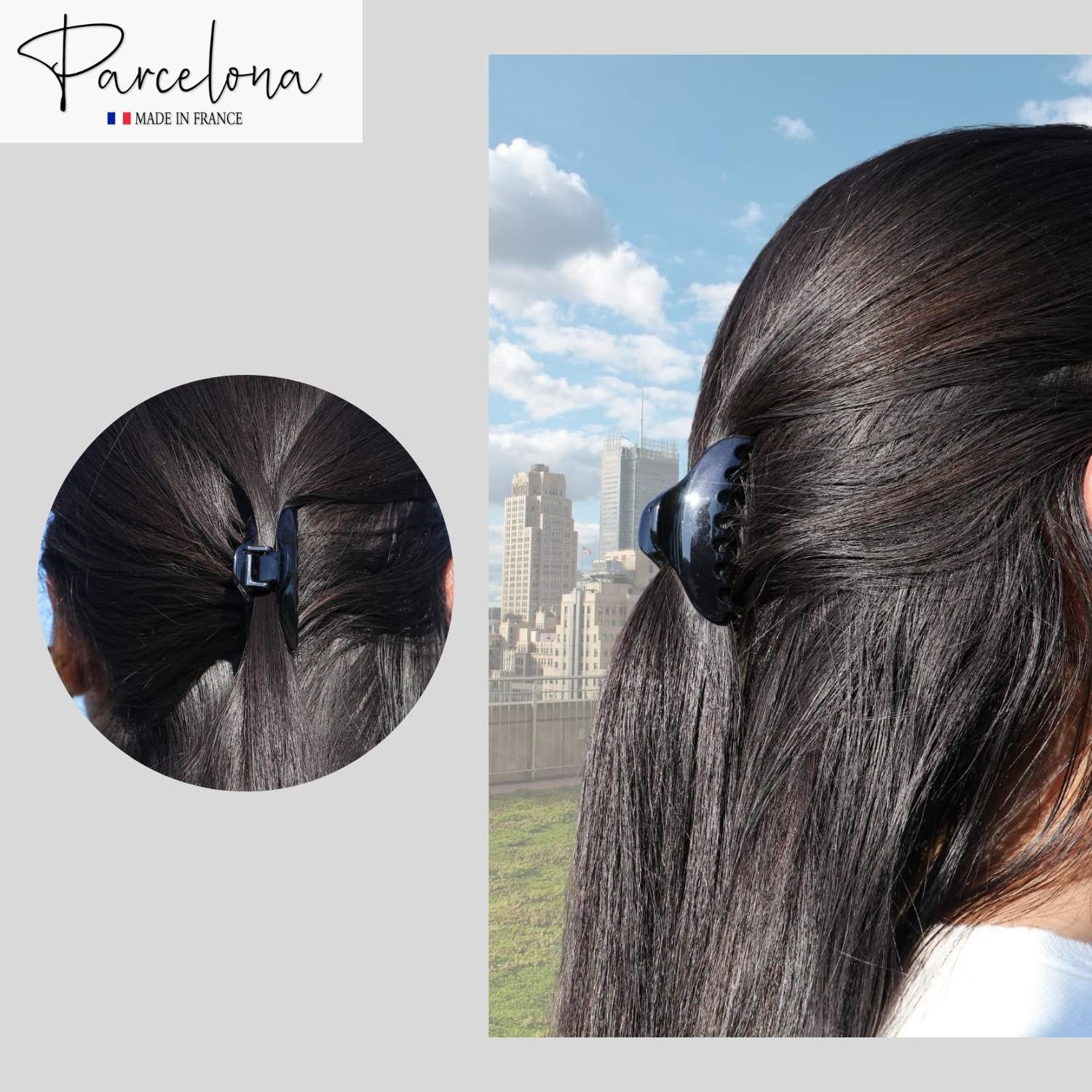 Parcelona French Skinny Boss Small 2 1/4" Black N Shell Celluloid Acetate Claw with Tight Spring Set of 2 Jaw Hair Claw Clips for Fine Hair, Made in France
