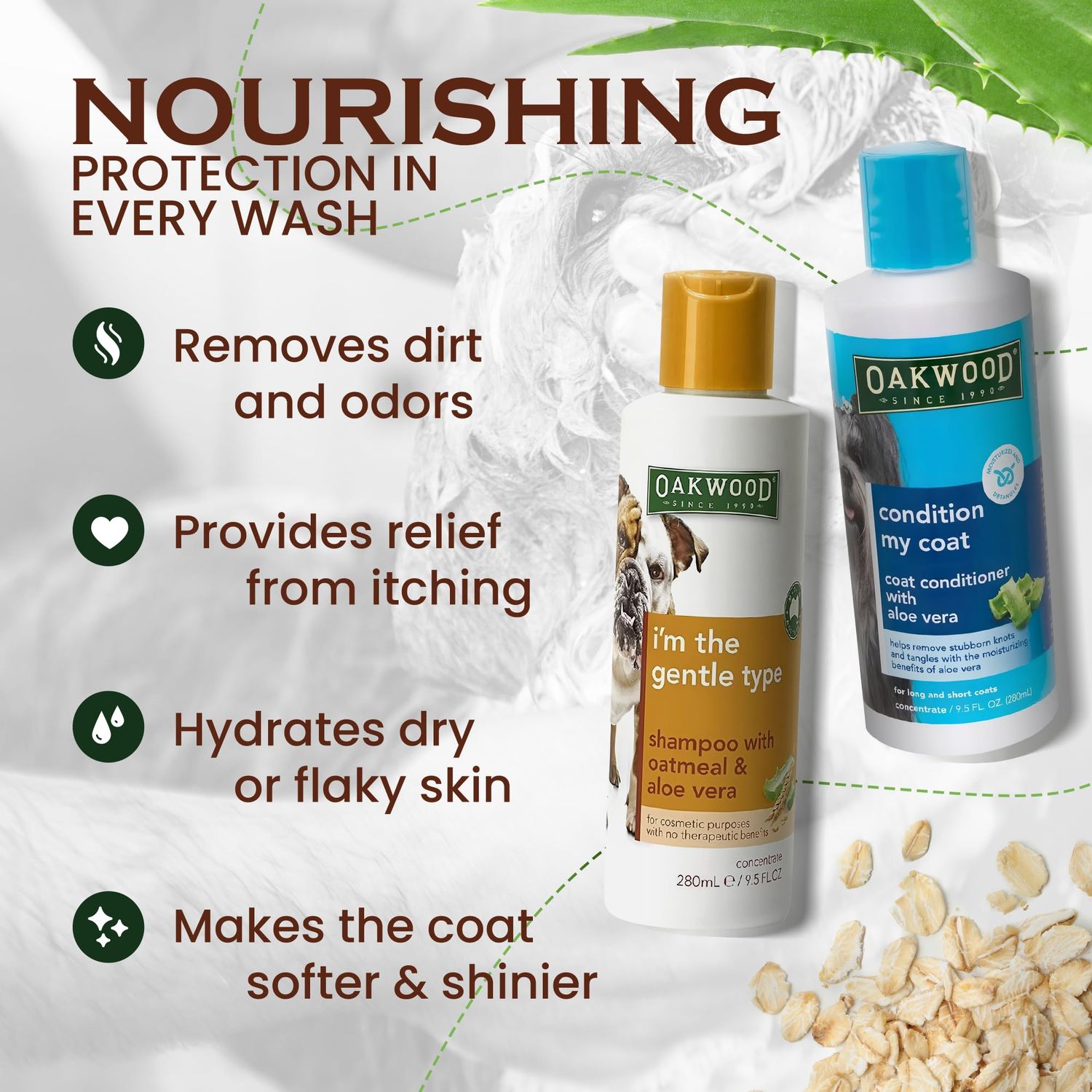 Oakwood Natural Aloe Vera Coat Conditioner & Tearless Oatmeal Shampoo Cleansing Wash for Pets - Hypoallergenic Pet Dog & Cat Grooming Supplies Set for Itching, Dry Skin, Detangling, Deodorizing