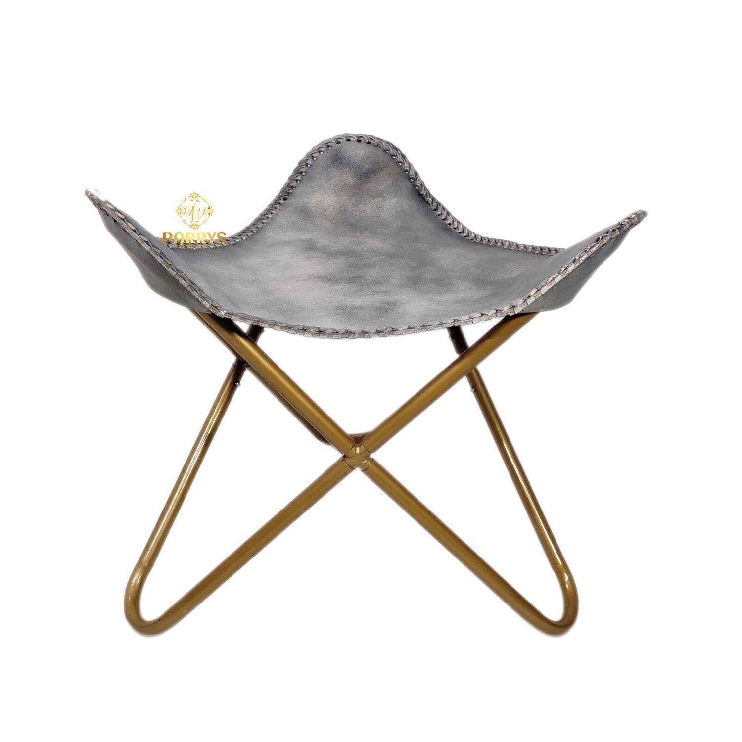 Butterfly Leather Chair & Ottoman – Gray Leather Folding Chair/Footstool