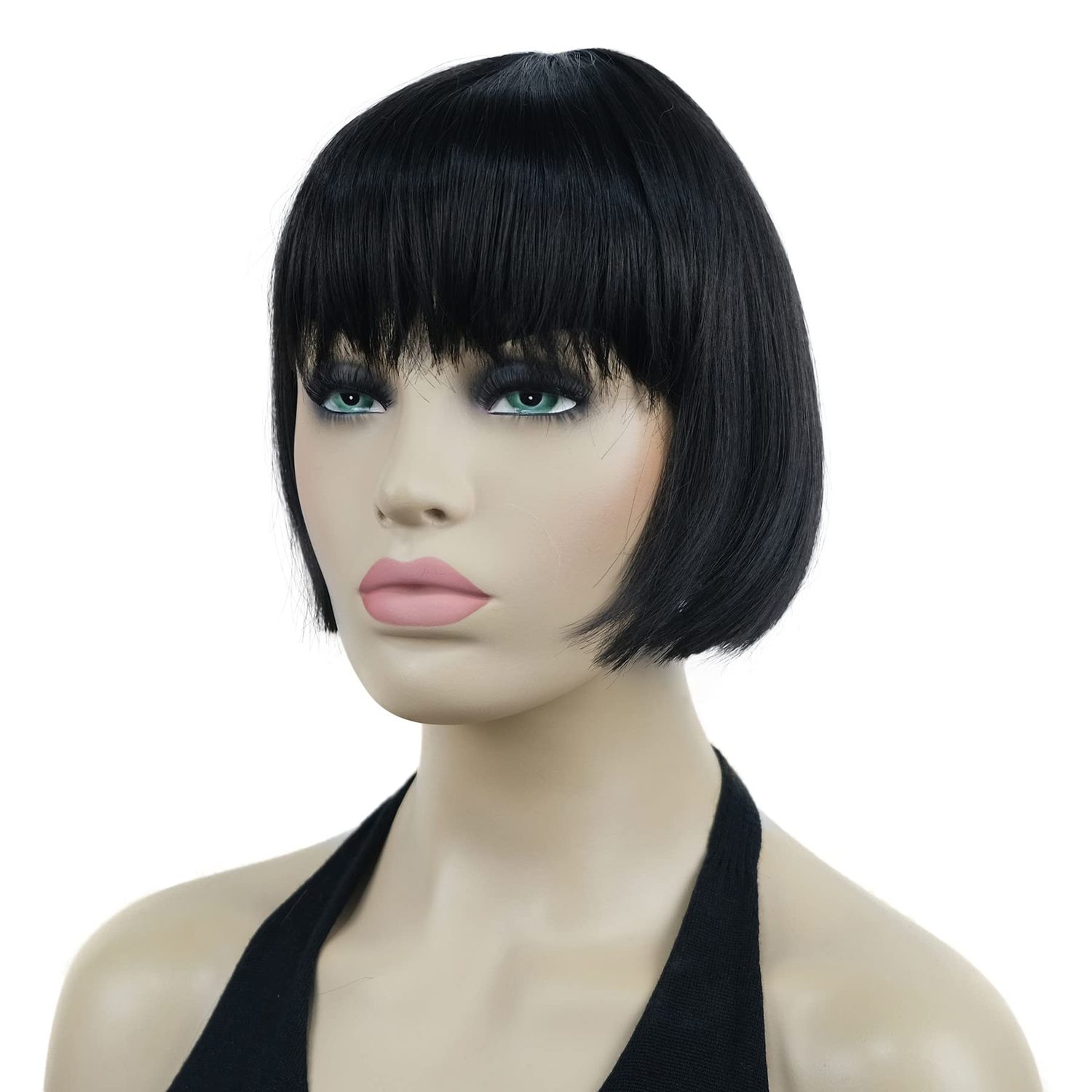 Lydell 6" Straight Short Bob Hair Flat Bangs Cute Central Dot Skin Top Heat Resistant Synthetic Wigs (Natural Black)