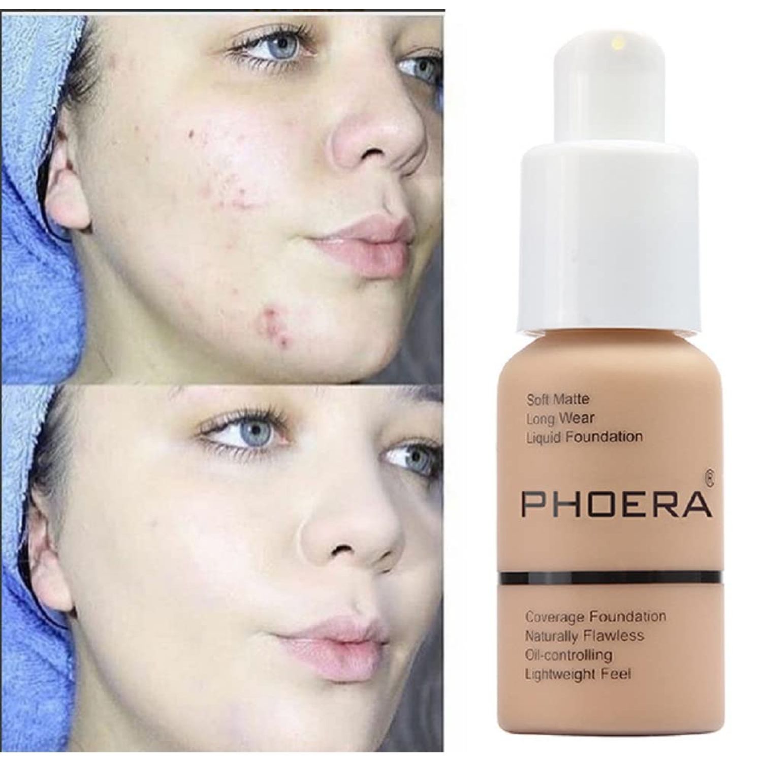 PHOERA Foundation,Flawless Soft Matte Oil Control Liquid Foundation Durable Waterproof 24 HR Best Cover up Full Coverage Face Makeup.(102# Nude)