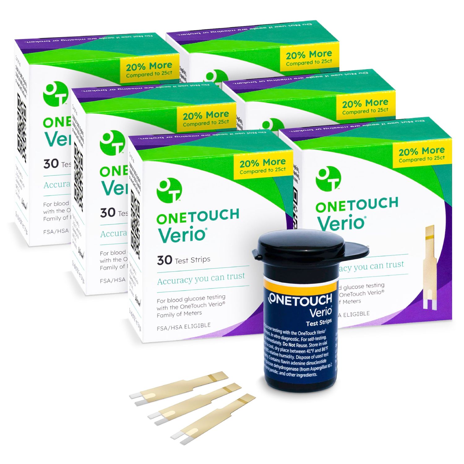 OneTouch Verio Test Strips for Diabetes Value Pack - 180 Count | Diabetic Test Strips for Blood Sugar Monitor | Home Self Glucose Testing | 6 Boxes, 30 Test Strips Per Pack