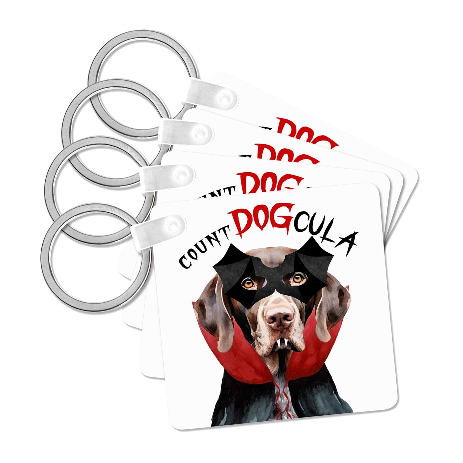 3dRose, Cute Halloween Pointer Dog dressed as Count DOGcula for Treats, set of 4 Key Chains