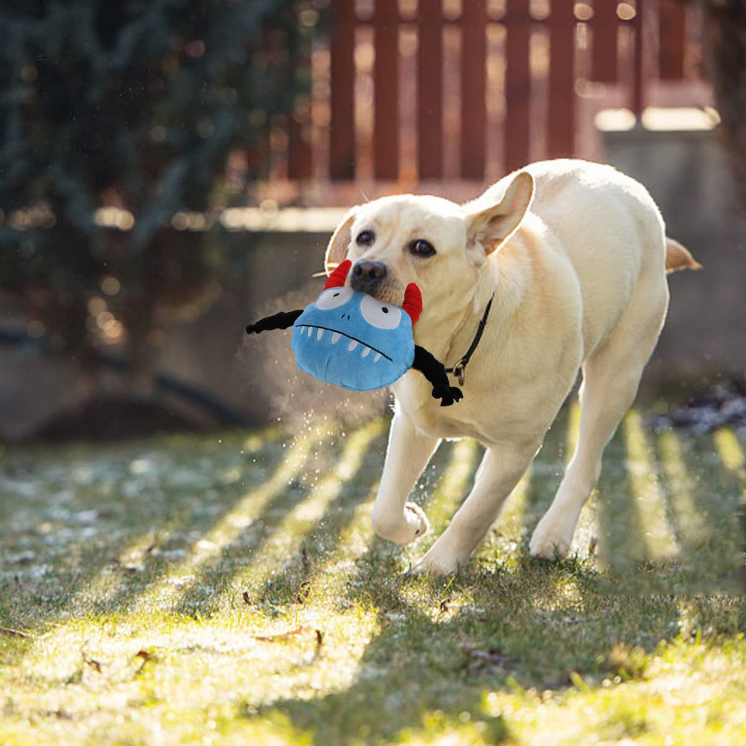 NAMSAN Giggle Plush Dog Toy Interactive Dog Toys Pet Squeaky Toy with Jumping Activation Ball for Dogs Playing (Blue Monster)
