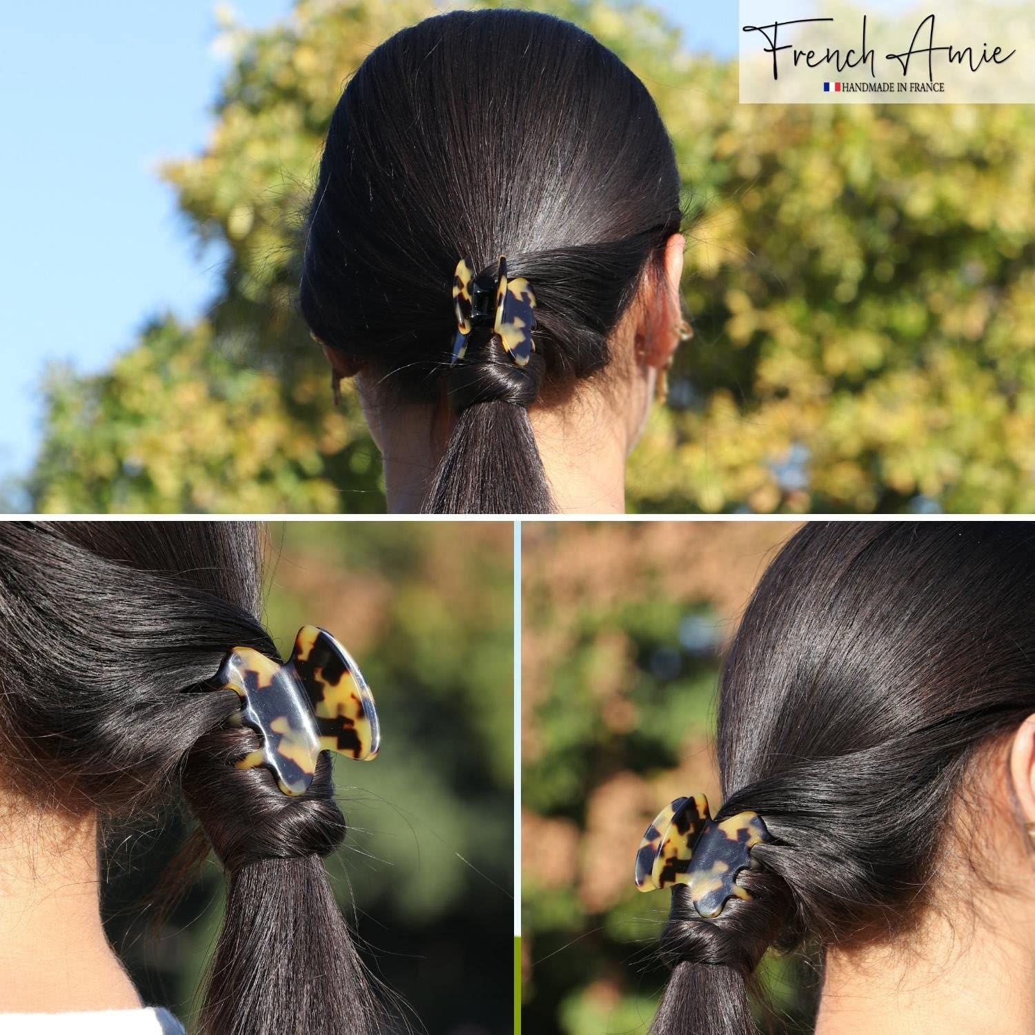 French Amie Flat Oval Yellow Tokyo Small 1 3/4” Handmade Celluloid Interlocking Hair Claw Clip for Women and Girls