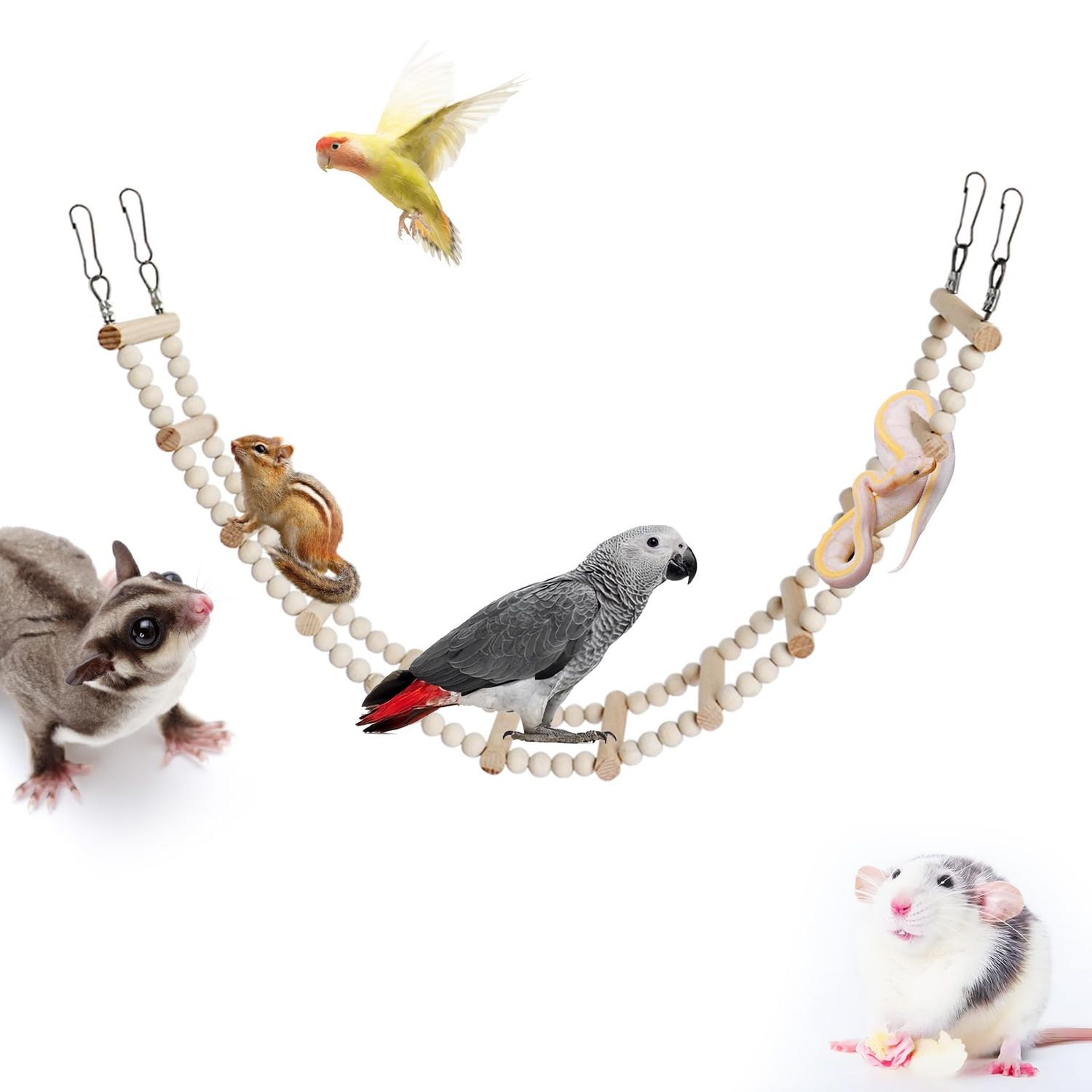 Long Bird Ladder with Wooden Rungs and Beads, Parakeet Climbing Swing Toys, Bird Cage Accessories, Wooden Climbing Bridge Toys for Parrots, Rat, Sugar Gliders, Squirrels, Snakes