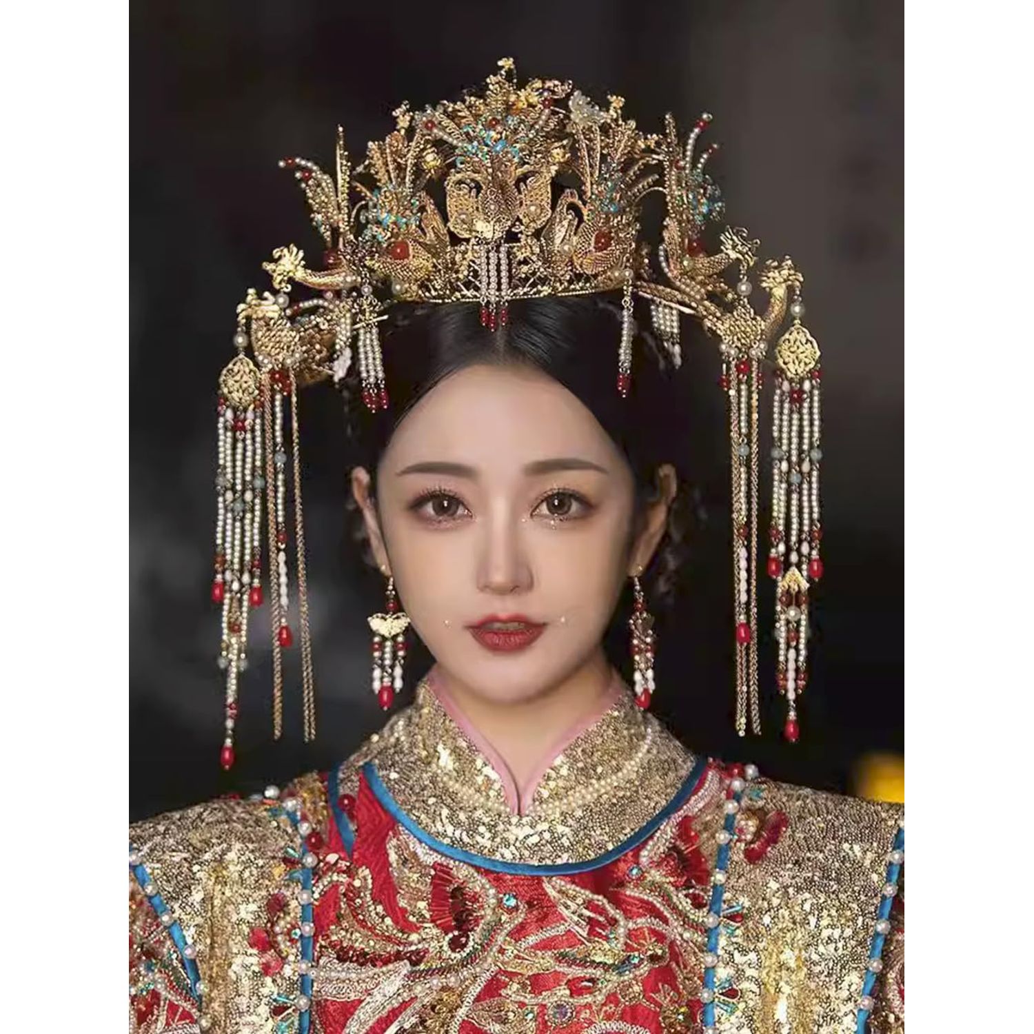 Getrelax Chinese Wedding Bride Hair Accessory Chinese Crown Wedding Hair Accessories Golden Flower Floral Beaded Flapper Headband Jeweled Bridal Wedding Tiara (Phoenix)