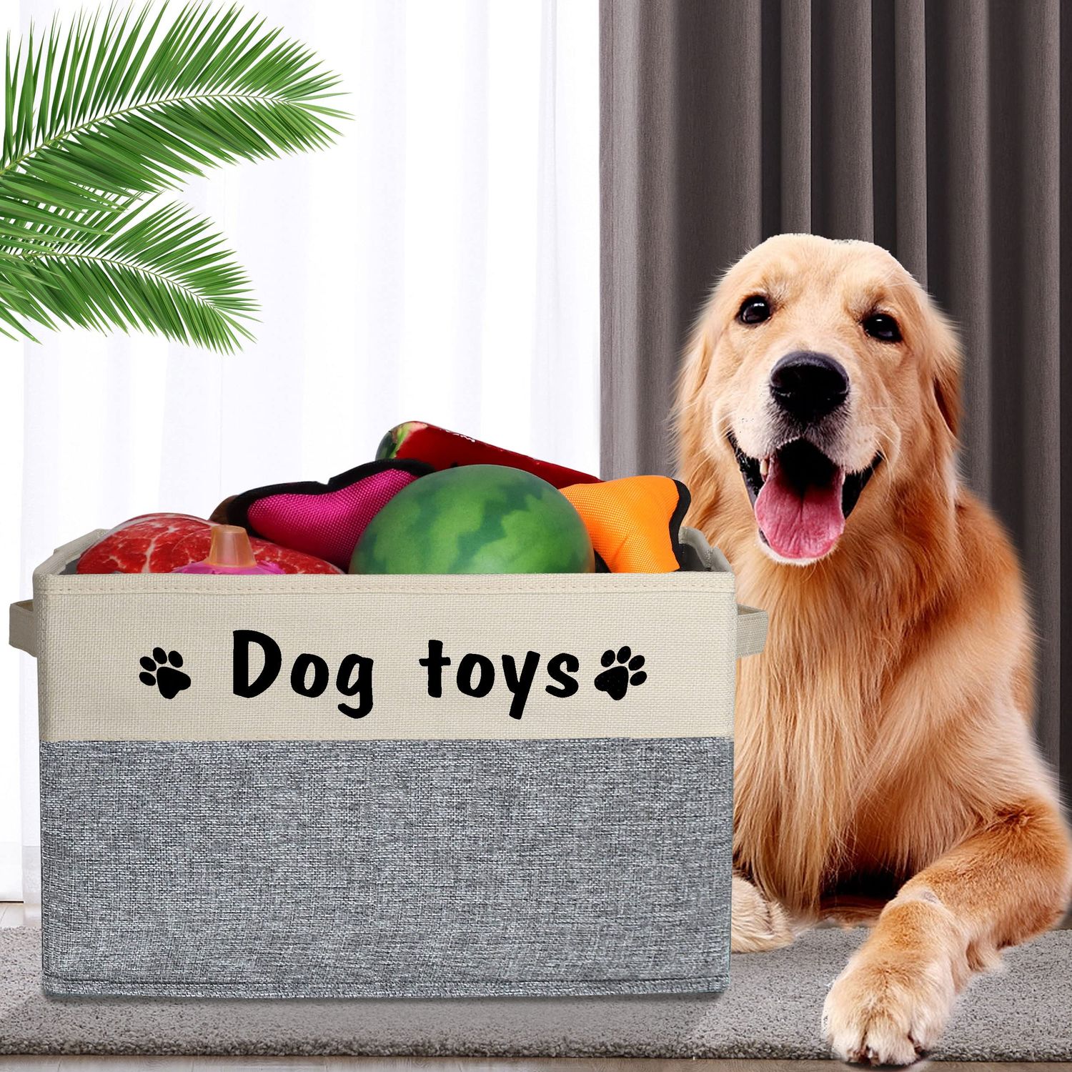 PET ARTIST Dog Toy Basket - Foldable Dog Toy Bin with Comfortable Handles - Collapsible Dog Toy Storage Box for Pet Toys, Dog Coat, Dog Accessories, Gray, 15"x11"x9"