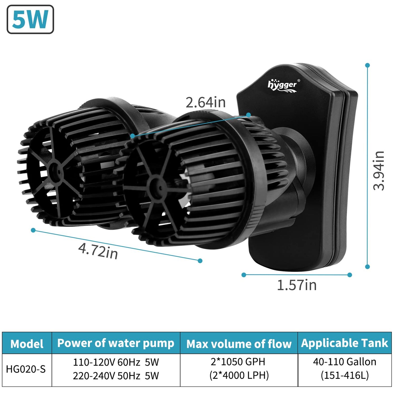 hygger 2100GPH Double Head Aquarium Wave Maker, Quiet 5W Aquarium Circulation Pump, with Strong Magnetic Suction Base, 360°Adjustable Power Head, for 40~110 Gal Tank