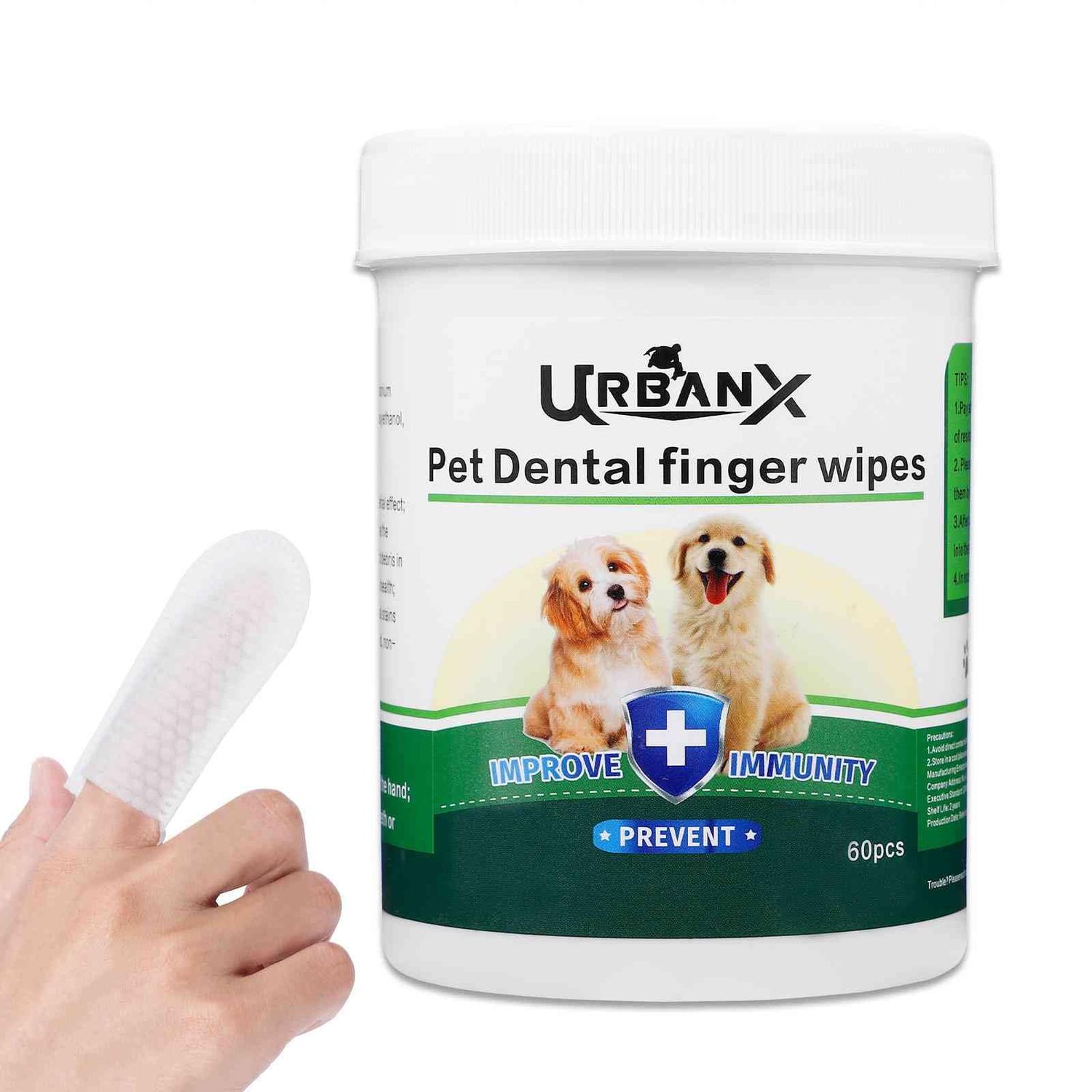 UrbanX Teeth Cleaning Wipes for Tibetan Spaniel and Other Companion Dogs, Remove Bad Breath, Plaque, and Tartar Buildup, No-Rinse Disposable Finger Toothbrush, Gentle Gum Care Pet Wipes, 60 Count