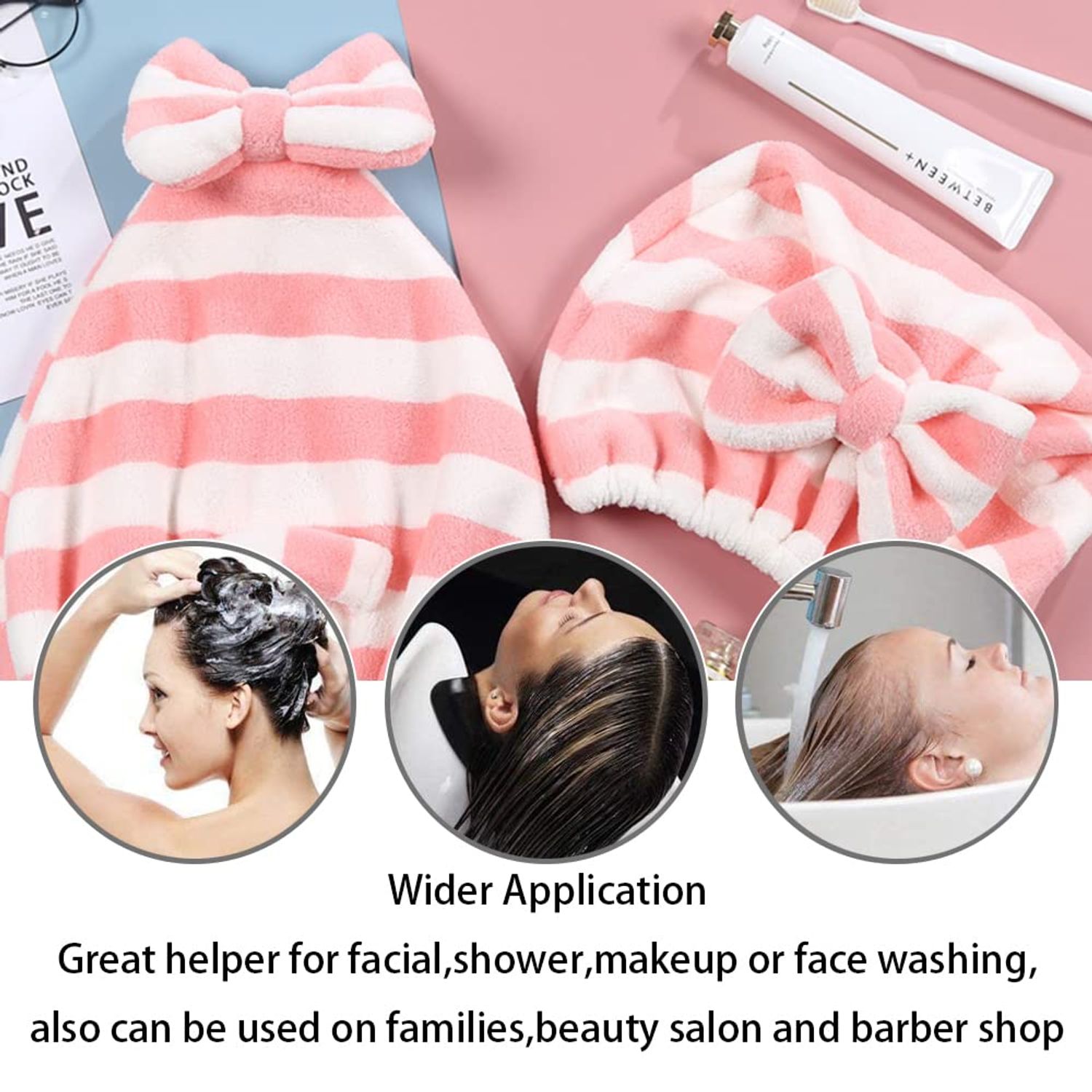 Large Microfiber Hair Towel Cap,Rapid Drying Towel For Hair,Ultra Soft Super Absorbent Hair Drying Towel Turban,Cute Gray&Pink Bow Hair Towel Wrap,Hair Drying Towels For Women Fast Dry(2pack)