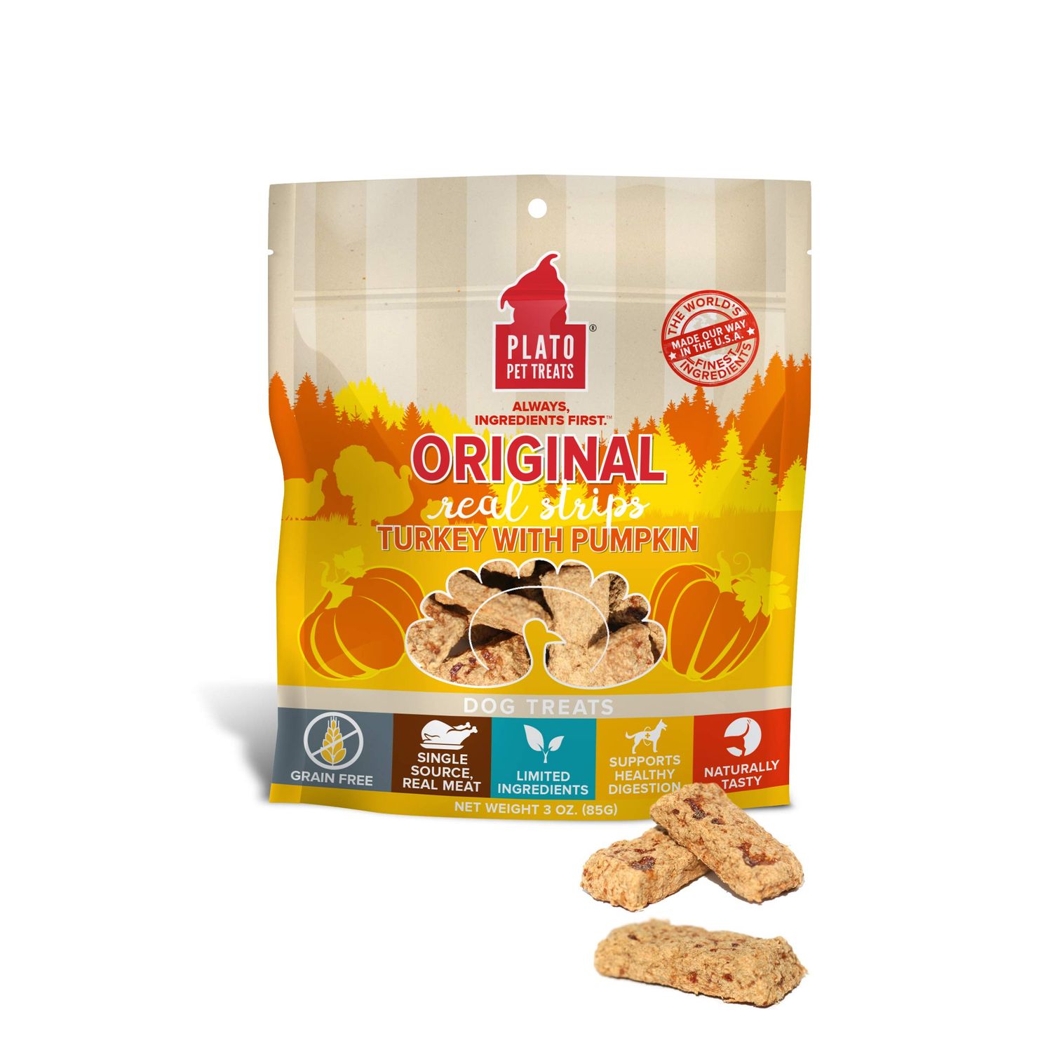PLATO Turkey Real Strips Natural Dog Treats - Real Meat - Air Dried - Made in the USA - Turkey & Pumpkin, 6 ounces