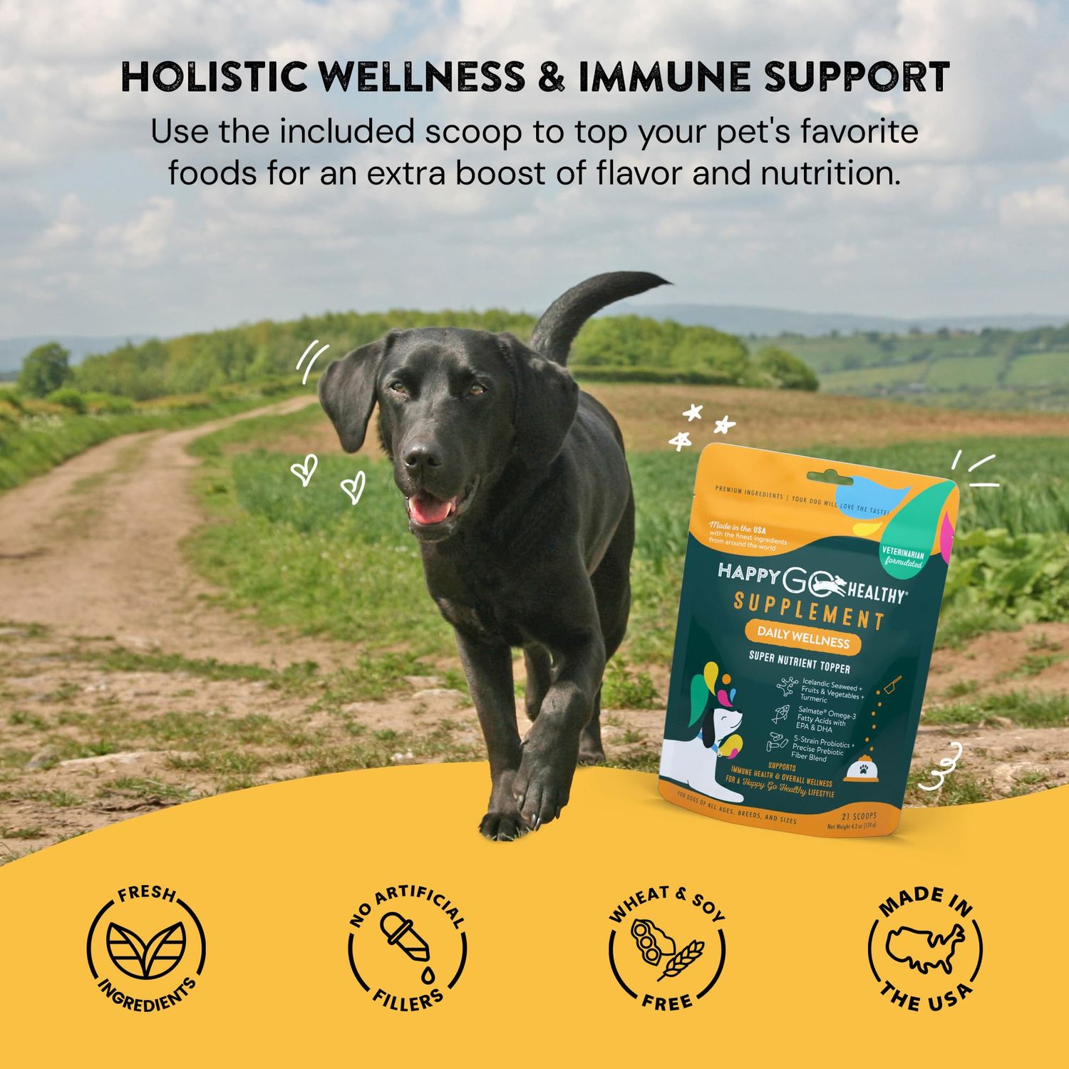 Happy Go Healthy Daily Wellness Supplements for Dogs | Boosts Immune System Support and Digestive Gut Health for Dogs and Puppies | All Natural Ingredients Tasty Kibble Dog Food Topper | 21 Count Pack