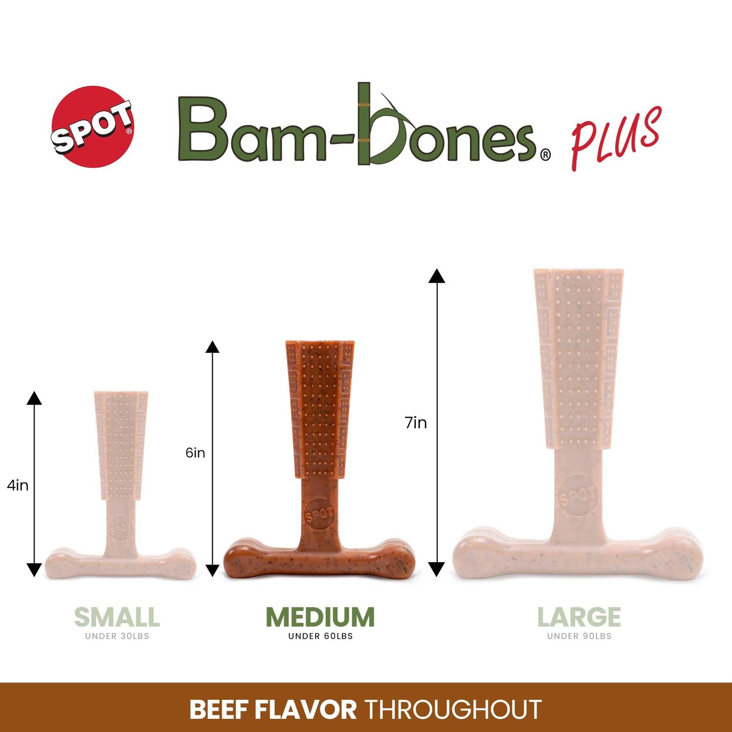 SPOT Bam-bones PLUS T Bone - Bamboo Fiber & Nylon, Durable Long Lasting Dog Chew for Aggressive Chewers – Great Toy for Adult Dogs & Teething Puppies under 60lbs, Non-Splintering, 6in, Beef Flavor