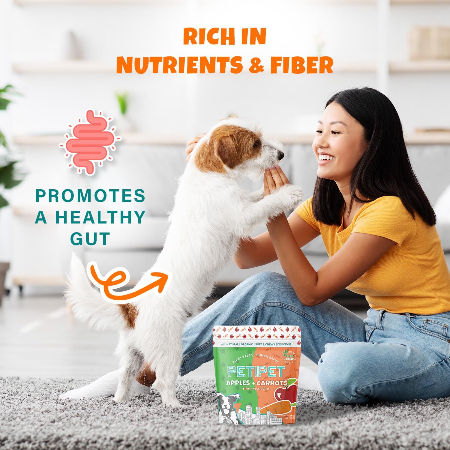 PETIPET Apples+Carrots Plant-Based Fruit Dog Treats - Carrot and Apple Soft & Chewy Treats - Healthy Vegetarian, Vegan Dog Treats with Organic Ingredients - Low-Protein, Hypoallergenic, Gluten-Free