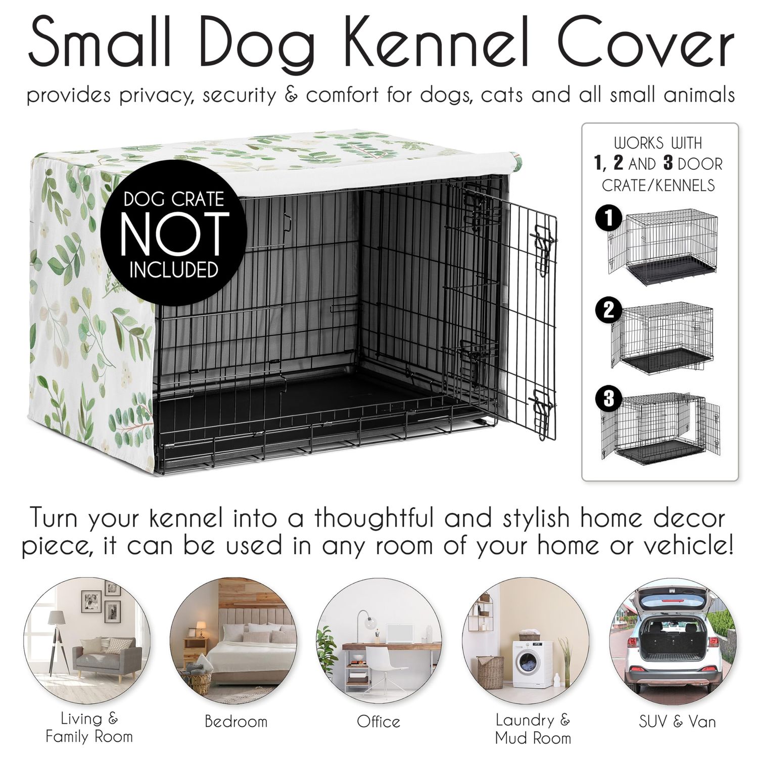 Sweet Jojo Designs Green Boho Floral Leaf Dog Crate Cover – Kennel Covers for 24 Inch Pet Cage Small - Neutral Sage White Bohemian Watercolor Botanical Flower Woodland Tropical Garden Nature