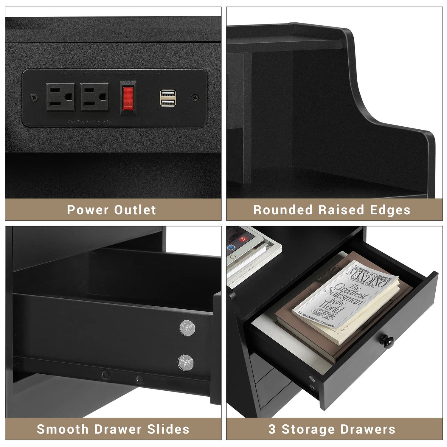 Tiptiper Black Nightstand with Charging Station 3 Drawers, Wood Sofa End Side Table with USB Ports and Outlet, Bedside Table Bedroom Nightstand with Sliding Drawer & Hutch