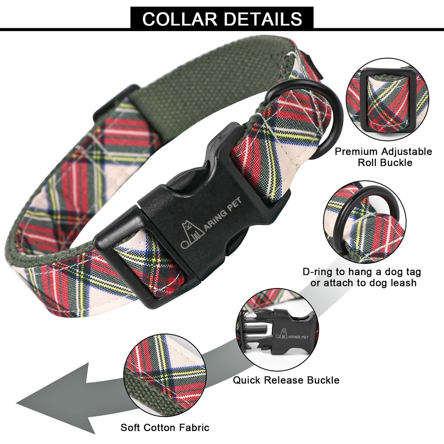 ARING PET Christmas Dog Collar Cute Plaid Dog Collar, Cotton Lightweight Christmas Small Dog Collars Puppy Collar for Small Medium Large Dogs