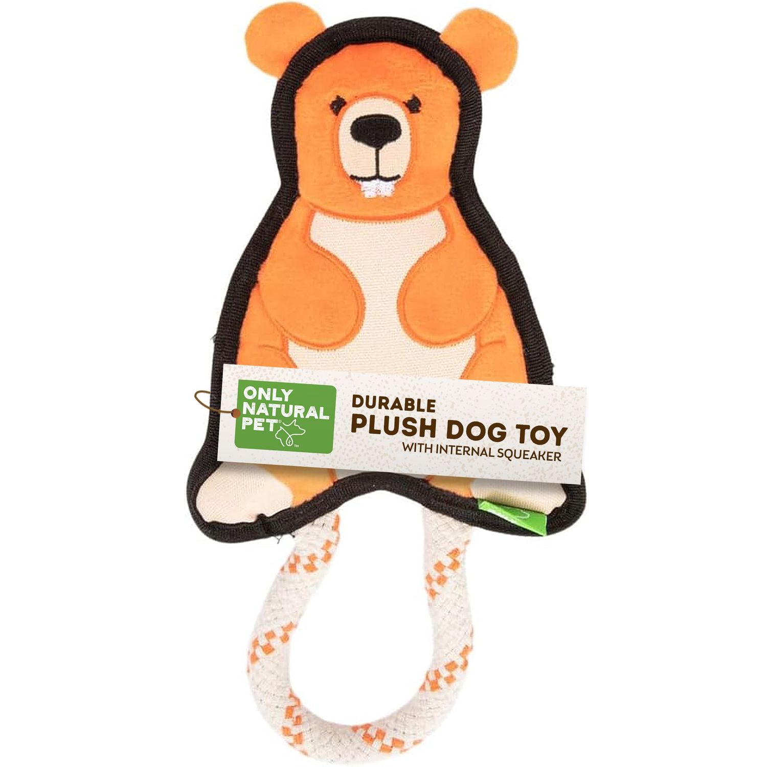 Only Natural Pet Mountain Friends Recycled Plush Dog Toys - Durable Double-Stitched Design with Internal Squeaker & Rope Tug Tail - Stuffed Toy for Dogs, Pet Toy | Beckham The Beaver, 5.5" x 11"