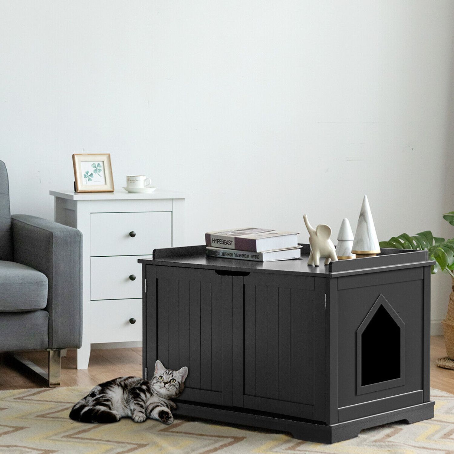 Costway Cat Litter Box Wooden Enclosure Pet House Washroom Storage Bench Black
