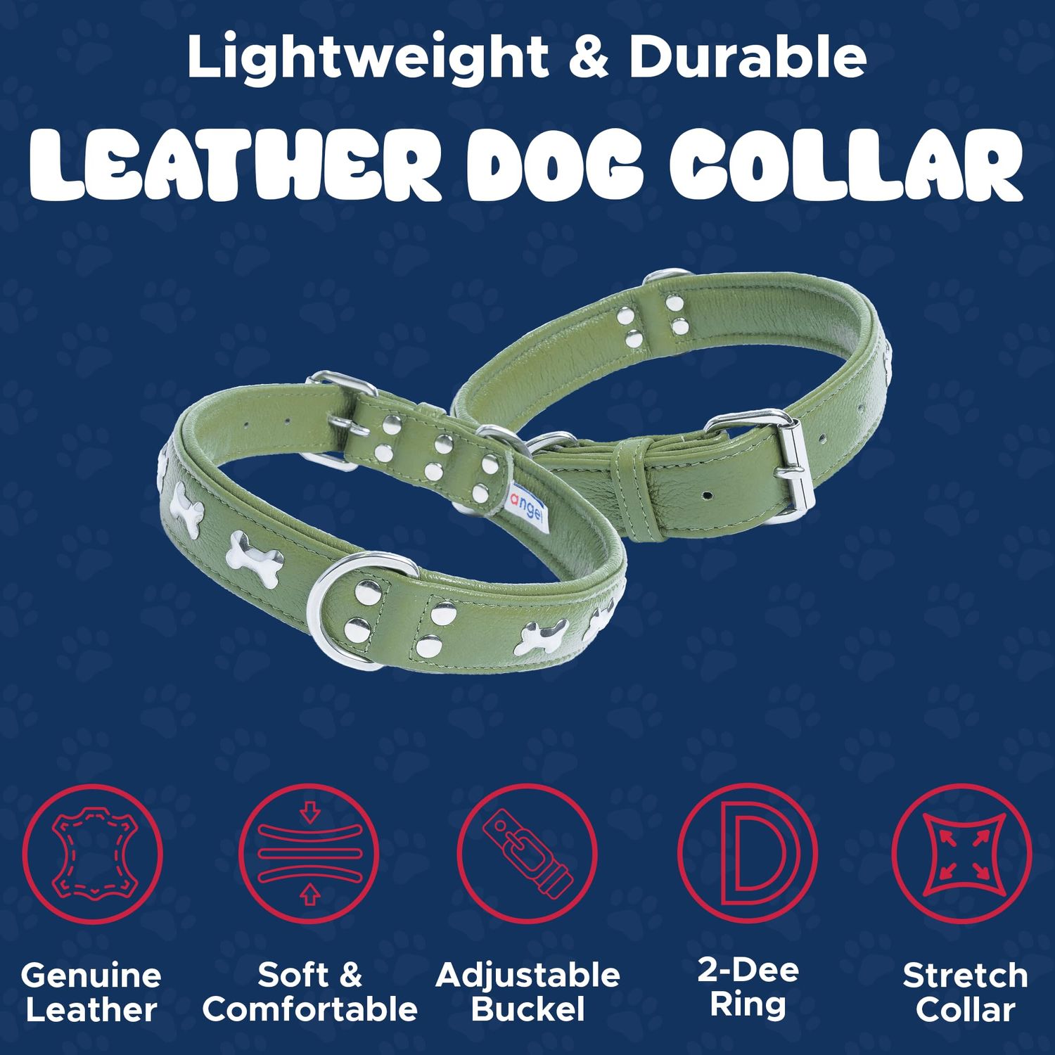 Angel Pet Supplies Inc. Genuine Leather Bones Studded Dog Collar by Angel Pet. Soft and Durable Padded Leather. (14” x 3/4”, Olive Green), Medium, 41274