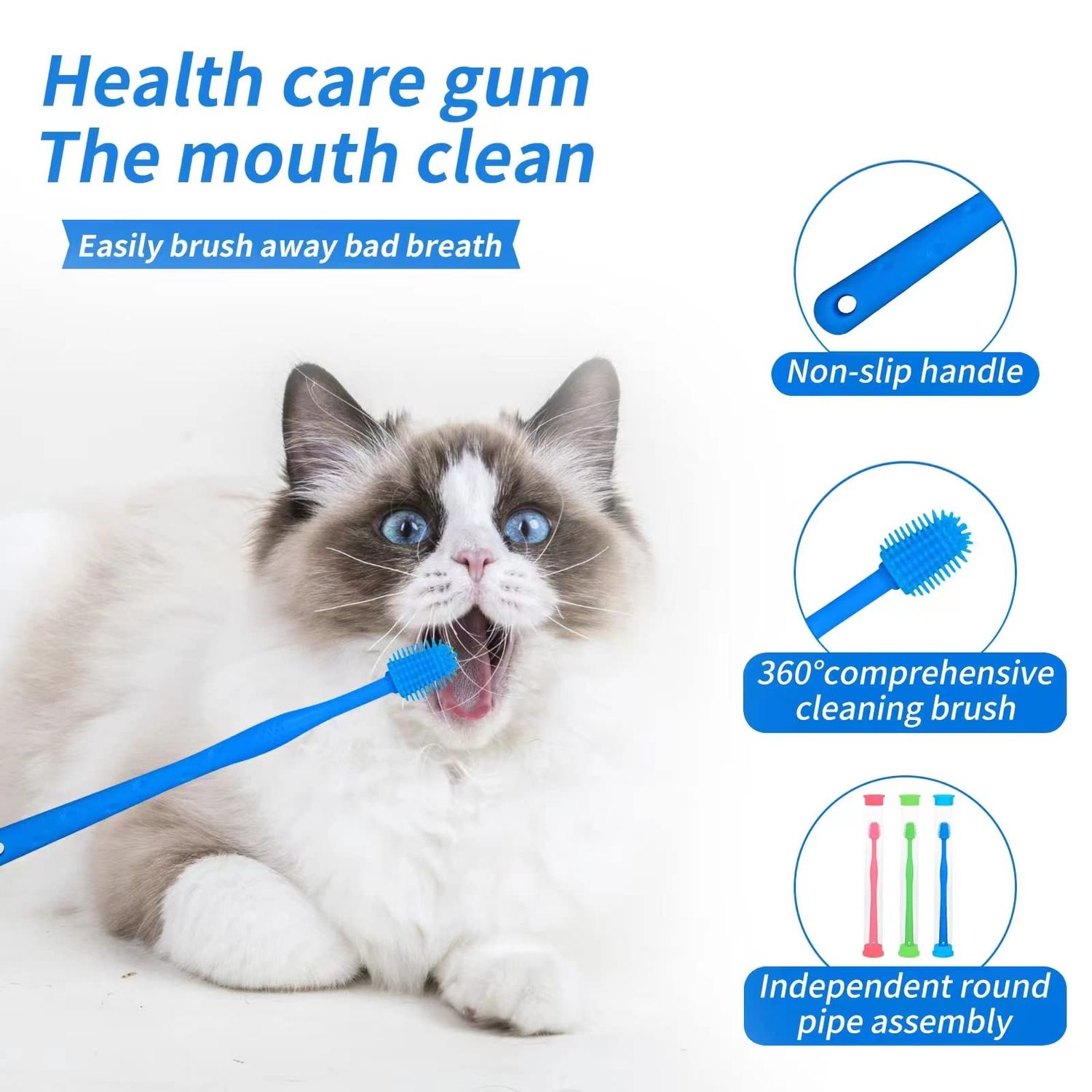 CUECOMER 3 Pack Cat Toothbrush with 360-degree Head,Full Surround Bristles Silicone Safe, Effective and Deep Pet Teeth Cleaning,Brush Away Bad Breath Toothbrush cat Teeth Cleaning Health Care
