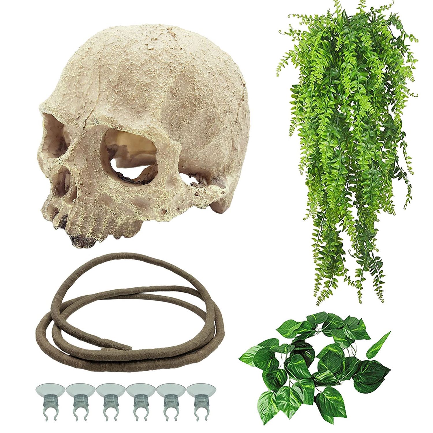 Tfwadmx Reptiles Skull Hide Decorations Bearded Dragon Tank Accessories Terrarium Ornament Gecko Hideouts Cave Snake Habitat Jungle Climber Bendable Vines Leaves for Lizards,Chameleon,Spider (4 Pcs)