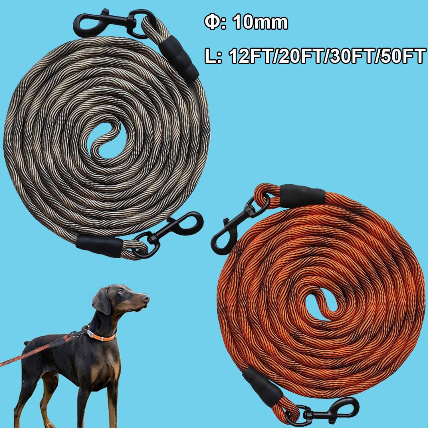 BTINESFUL Tie-Out Check Cord Long Rope Dog Leash, 8ft 12ft 20ft 30ft 50ft Recall Training Lead Leash- Great for Large Medium Small Dogs Training, Playing, Camping, or Backyard (20ft, Orange Black)