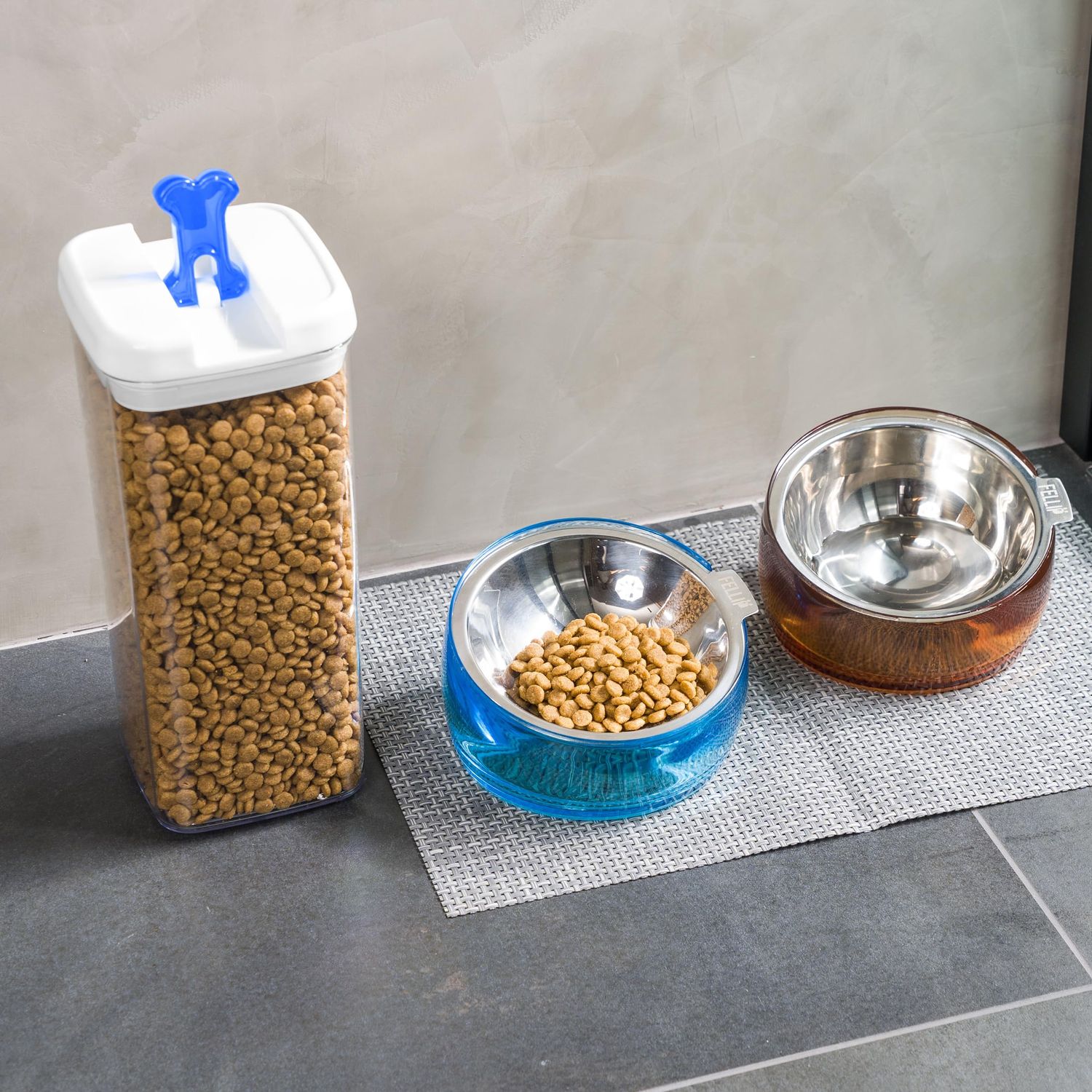 Felli Pet Oblik Acrylic Raised Dog Food Water Bowl Stainless Steel Slanted Oval Dish for Short Leg Puppy & Small Medium Pet, Elevated Tilted Metal Feeder Angled Plastic Spill Proof (1.5Cups, Gold)