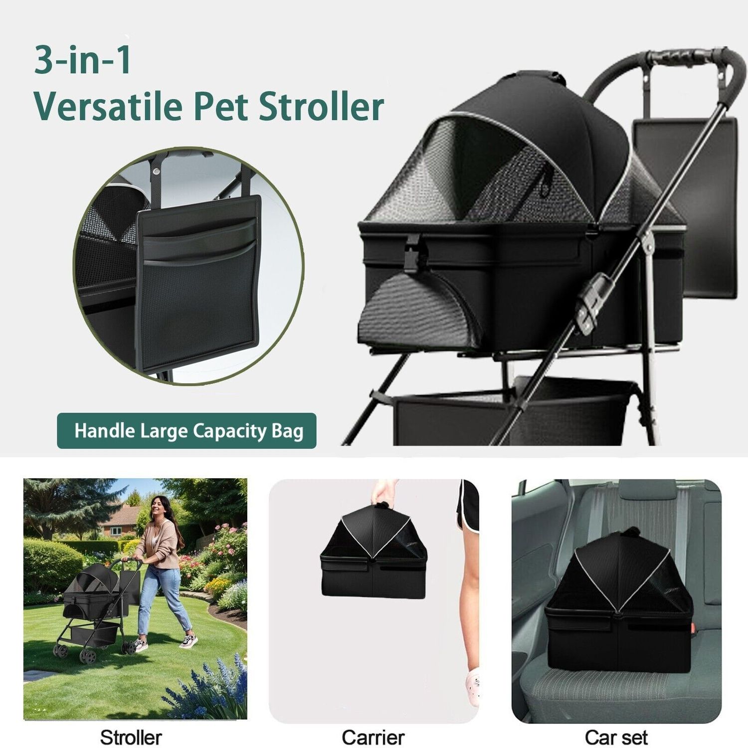 3 in 1 Multifunction Folding Pet Stroller for Dog/Cat + Carrier + Car Seat