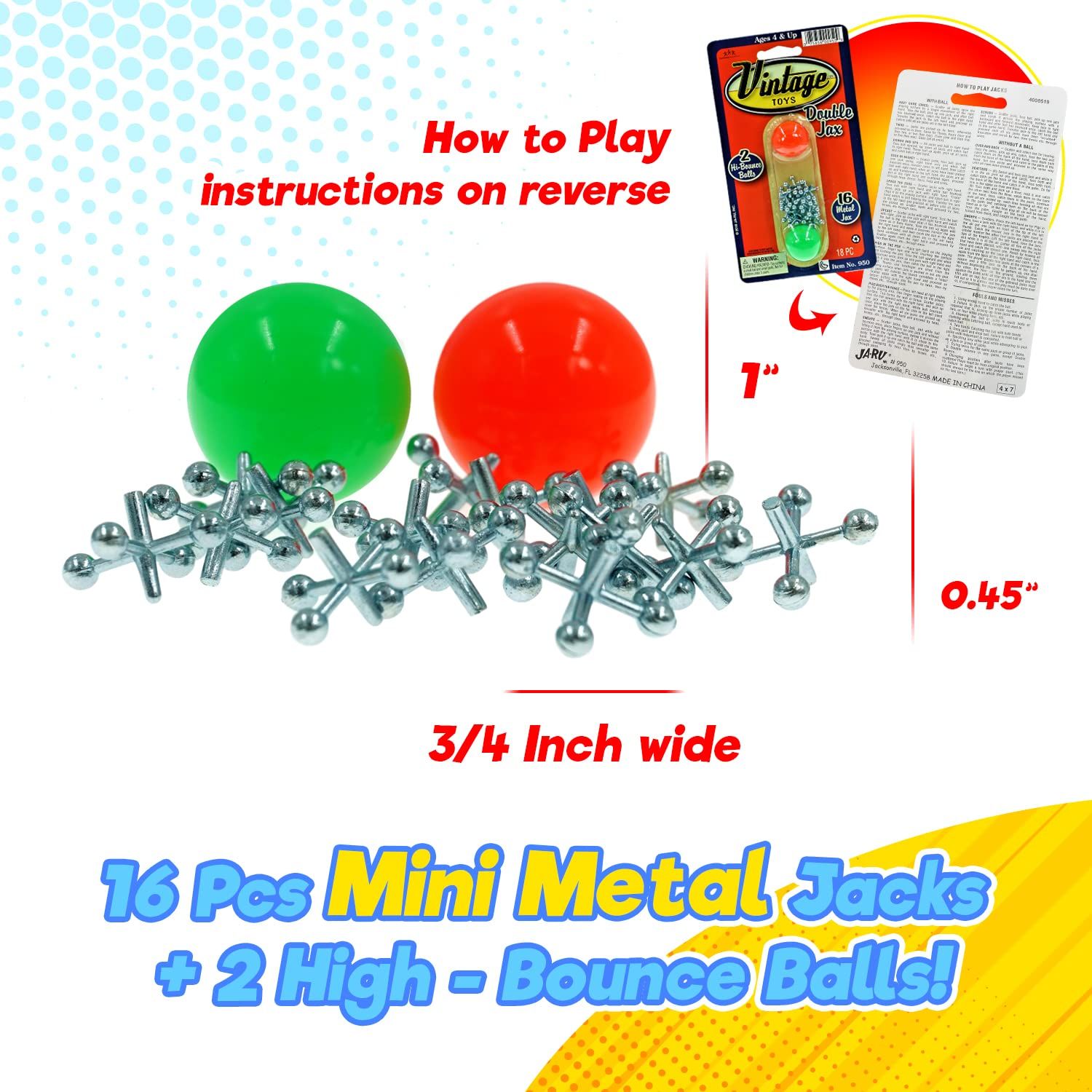 JA-RU Vintage Toys Double Metal Jacks Set (1 Pack) w/ 16 Jax & 2 Bouncy Balls. Classic Mini Game for Kids. Bulk Party Favors, Pinata Filler, Birthday Stocking Stuffers. Cat Toy 950-1B
