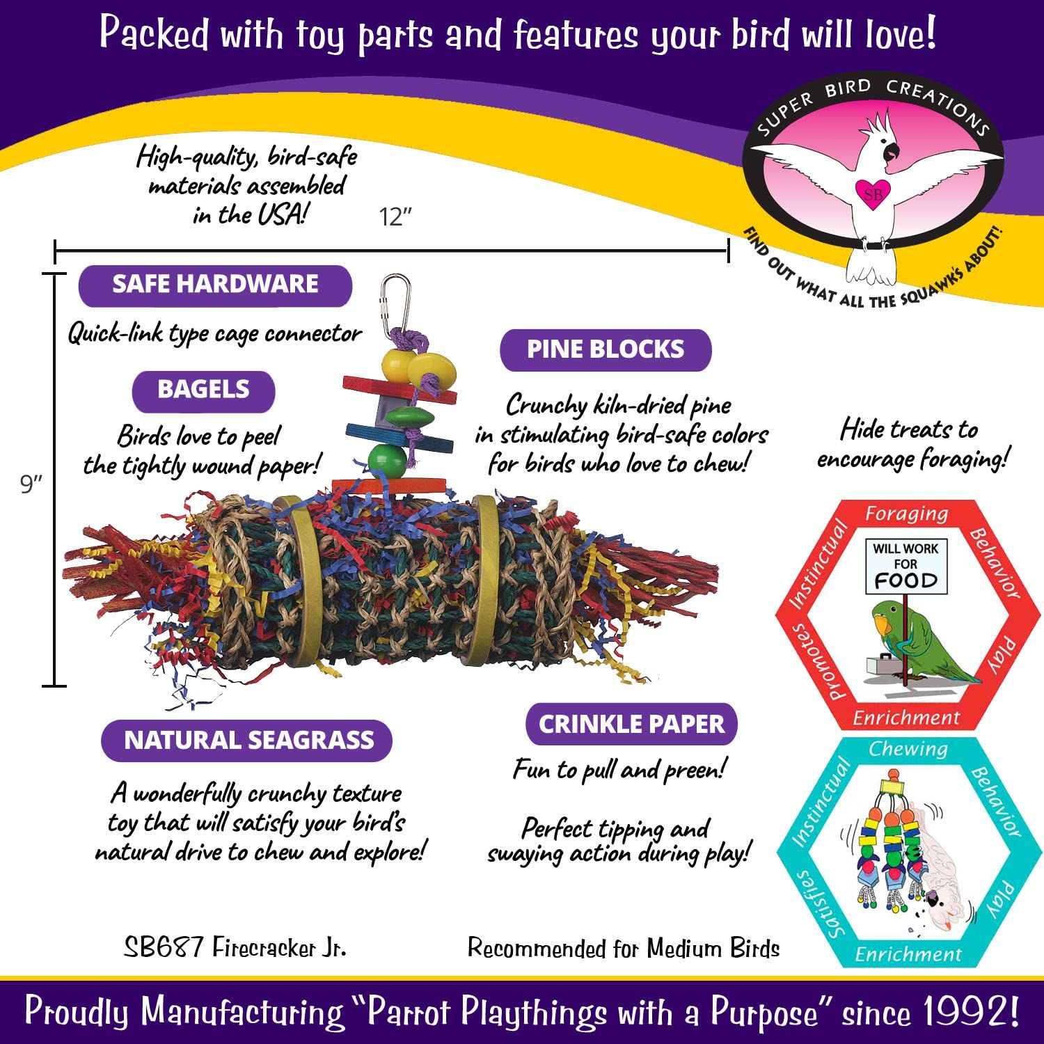Super Bird Creations SB687 Firecracker Jr. Bird Toy - Foraging Chewing Swinging Toy for Parrots, Conures, Quakers, Pionus, Senegals - Natural Paper Shred Palm Leaves - Medium Birds, Size: 18" x 8"