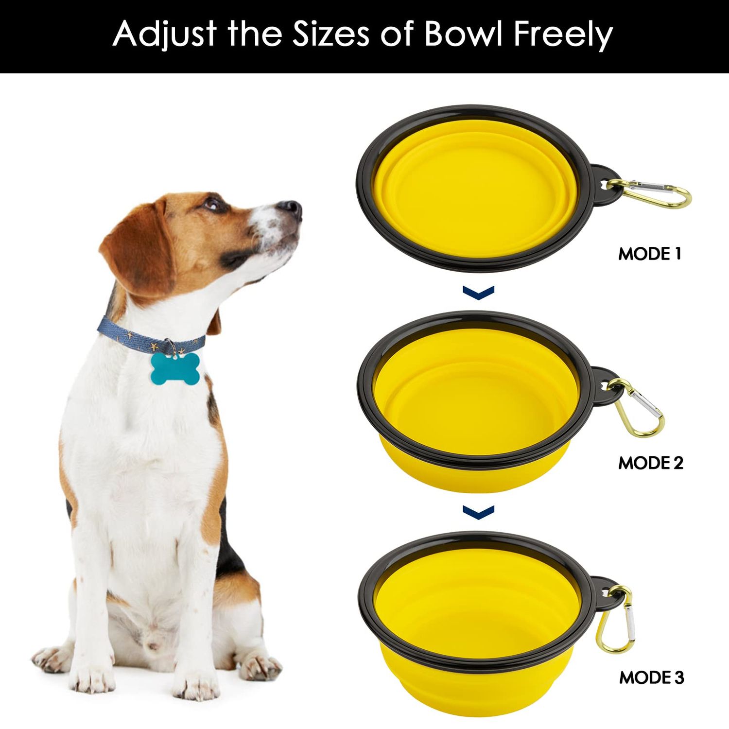 MXZONE 3 Collapsible Silicone Dog Bowl, Foldable Expandable Cup Dish for Small Pet Cat Food Water Feeding Portable Travel Bowl, Free Pet ID-Tag, Yellow Blue Black, S