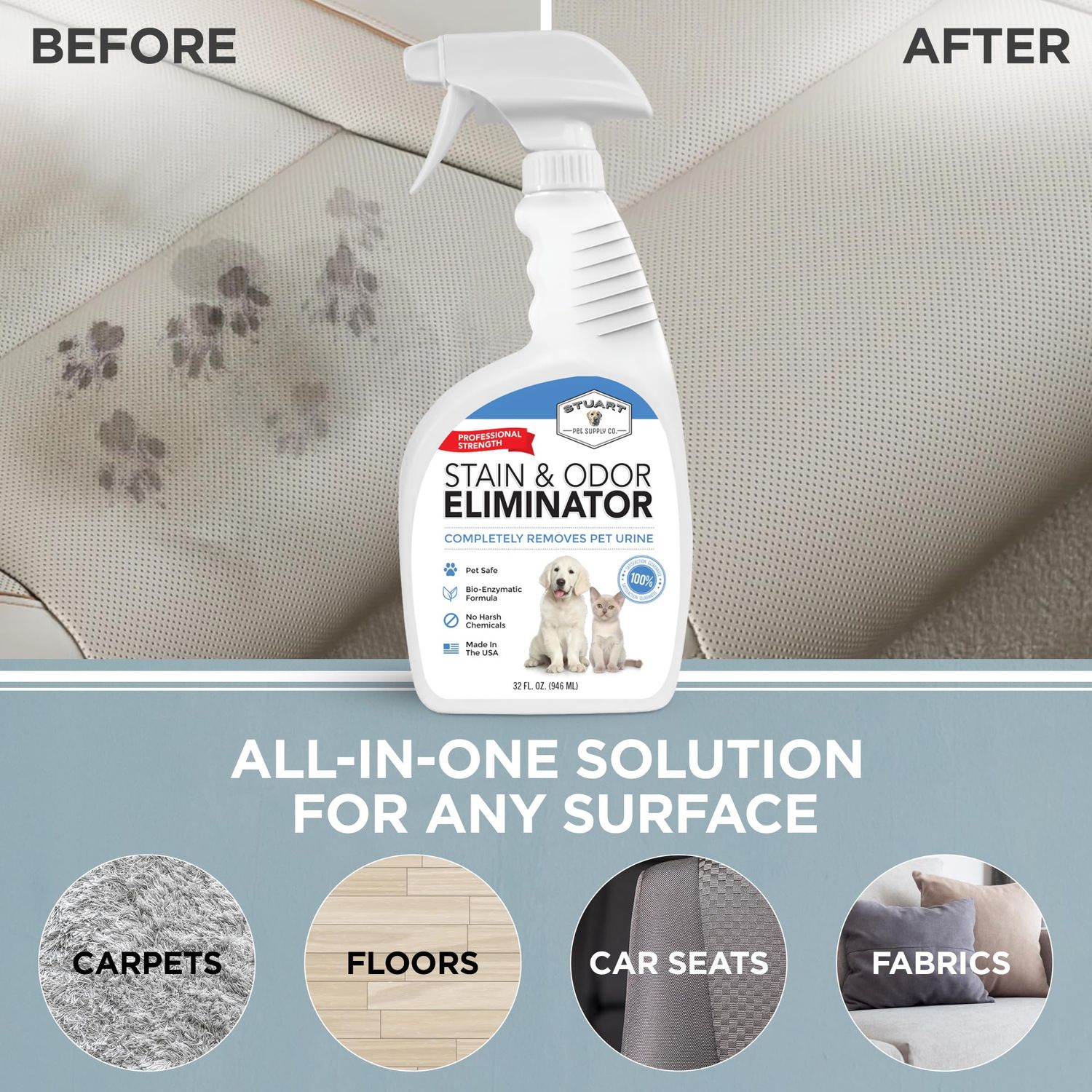 Stuart Pet Supply Co. Professional Strength Pet Stain and Odor Eliminator Urine Odor Remover Pet Urine Enzyme Cleaner Enzymatic Cleaner for Dog Urine and Cat Urine Pet Odor Eliminator (32 oz.)