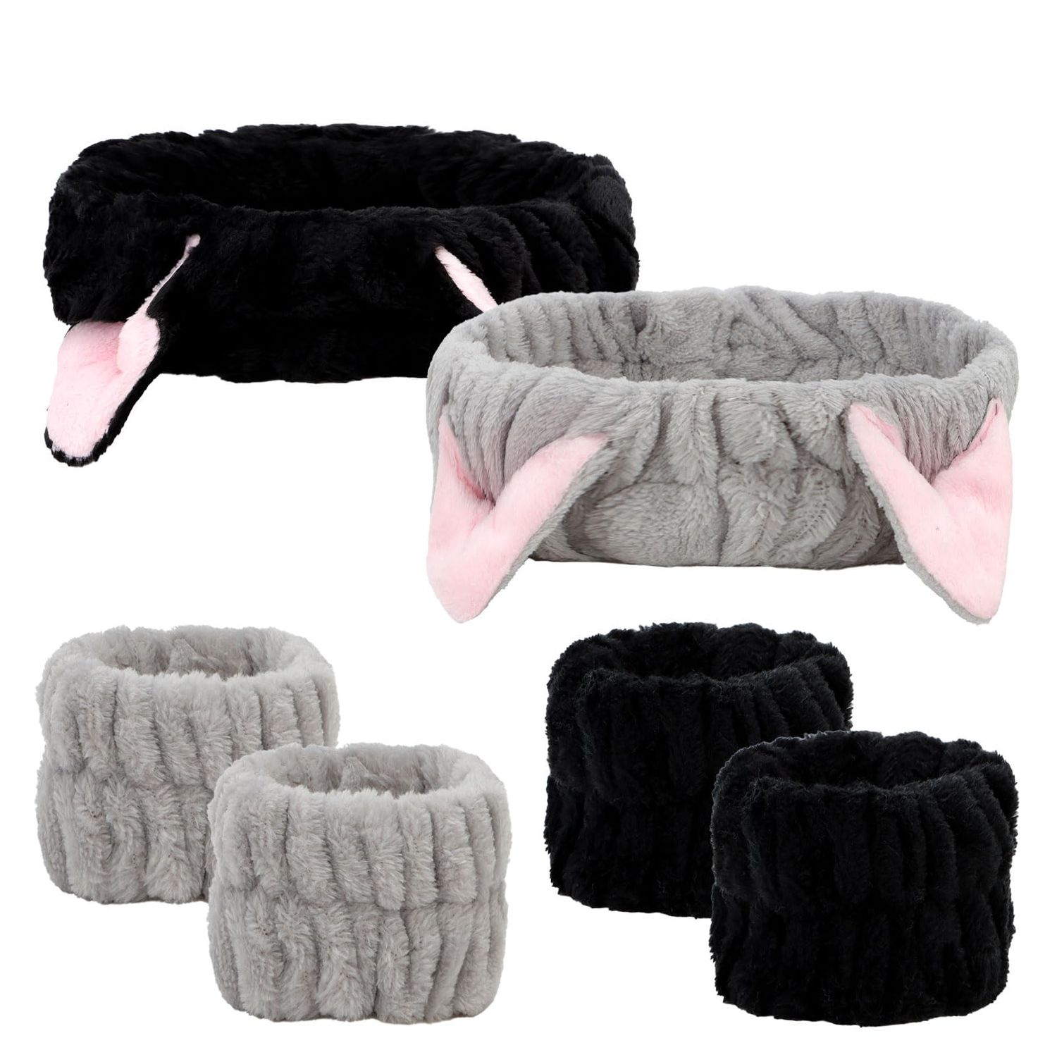 AMCAMI 6 Pcs Spa Headband Face Wash Headband and Wristband Set, Cute Make Up Cat Ears Headband Plush Animal Makeup Skincare Headbands with Face Washing Wristband for Women