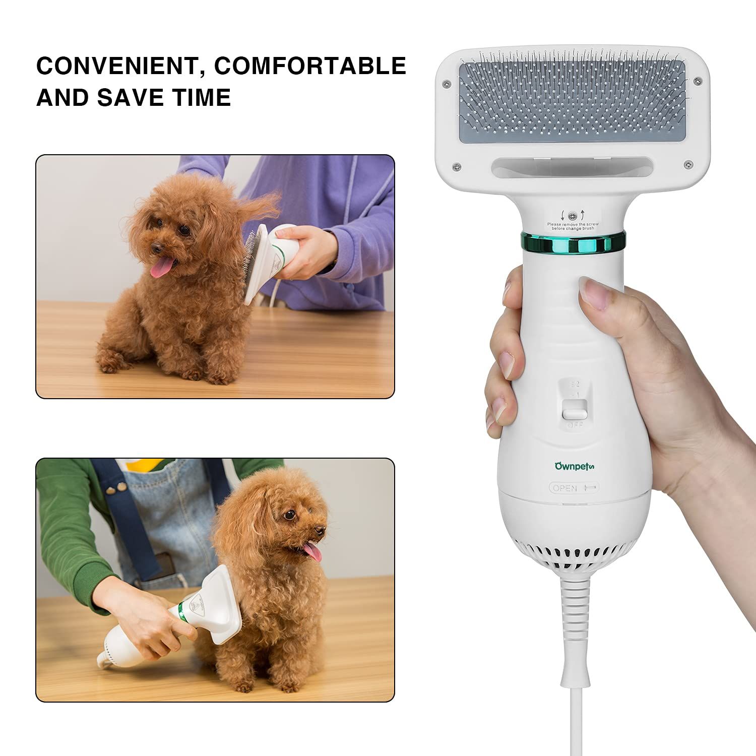 Ownpets Pet Hair Dryer, 2 in 1 Quiet Portable Pet Grooming Blower with Slicker Brush, Adjustable Temperature & Fast-Drying Towel, Home Pet Care for Dogs, Cats & Other Coated Breed
