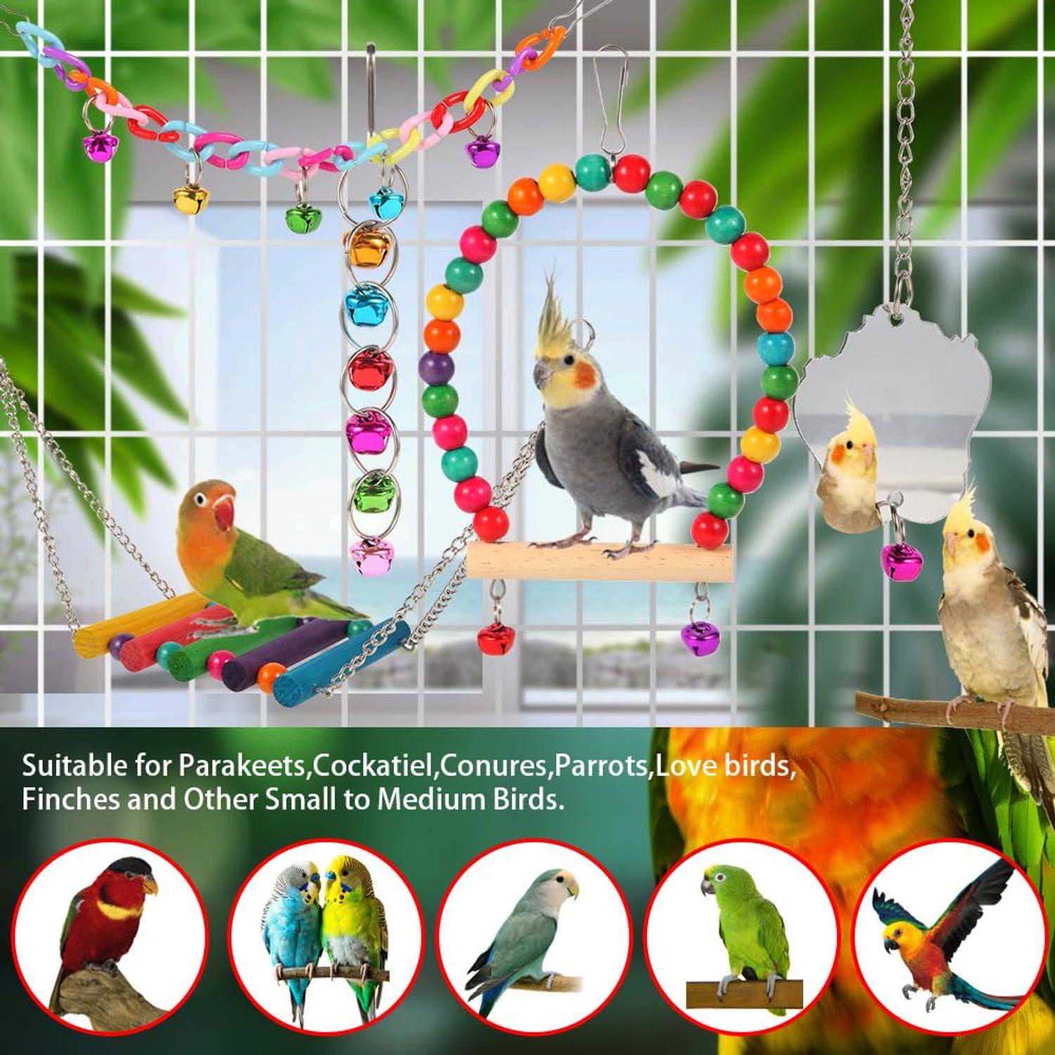 YIXUND Bird Toys for Parakeets 9Pcs,Bird Wooden Ladder Bridge Parrots Toys Budgie Toys Bird Cage Accessories,Swing Hammock for Conure,Cockatiel,Love Birds, Finches, Mynah,Budgerigar