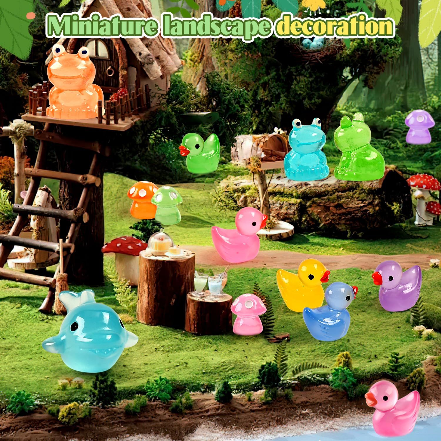 120 Pcs Luminous Mini Resin Ducks Glow in The Dark Animals Duck Frog Dolphin Mushroom 4 Combination Sets for Garden Miniature Figure Landscape Aquarium Hide and Seek Prank Dollhouse Decor